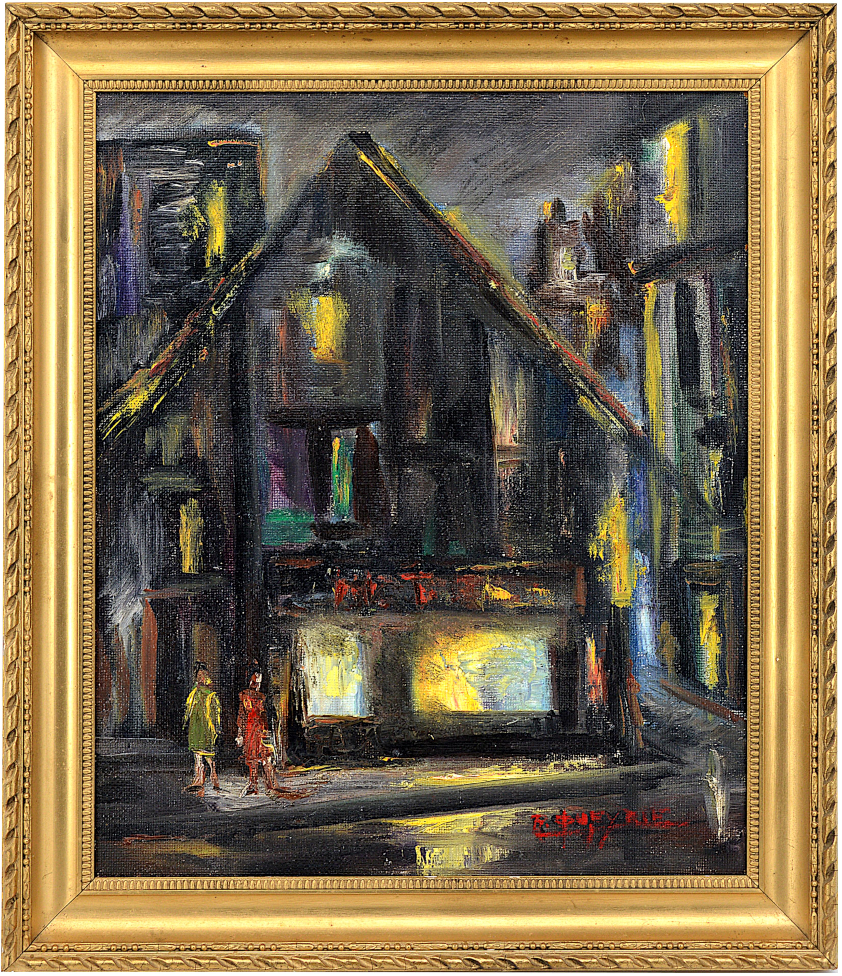 Figurative Painting di R. Queyrie - R. QUEYRIE, Camminare per le strade, olio su tavola rigida, anni '50