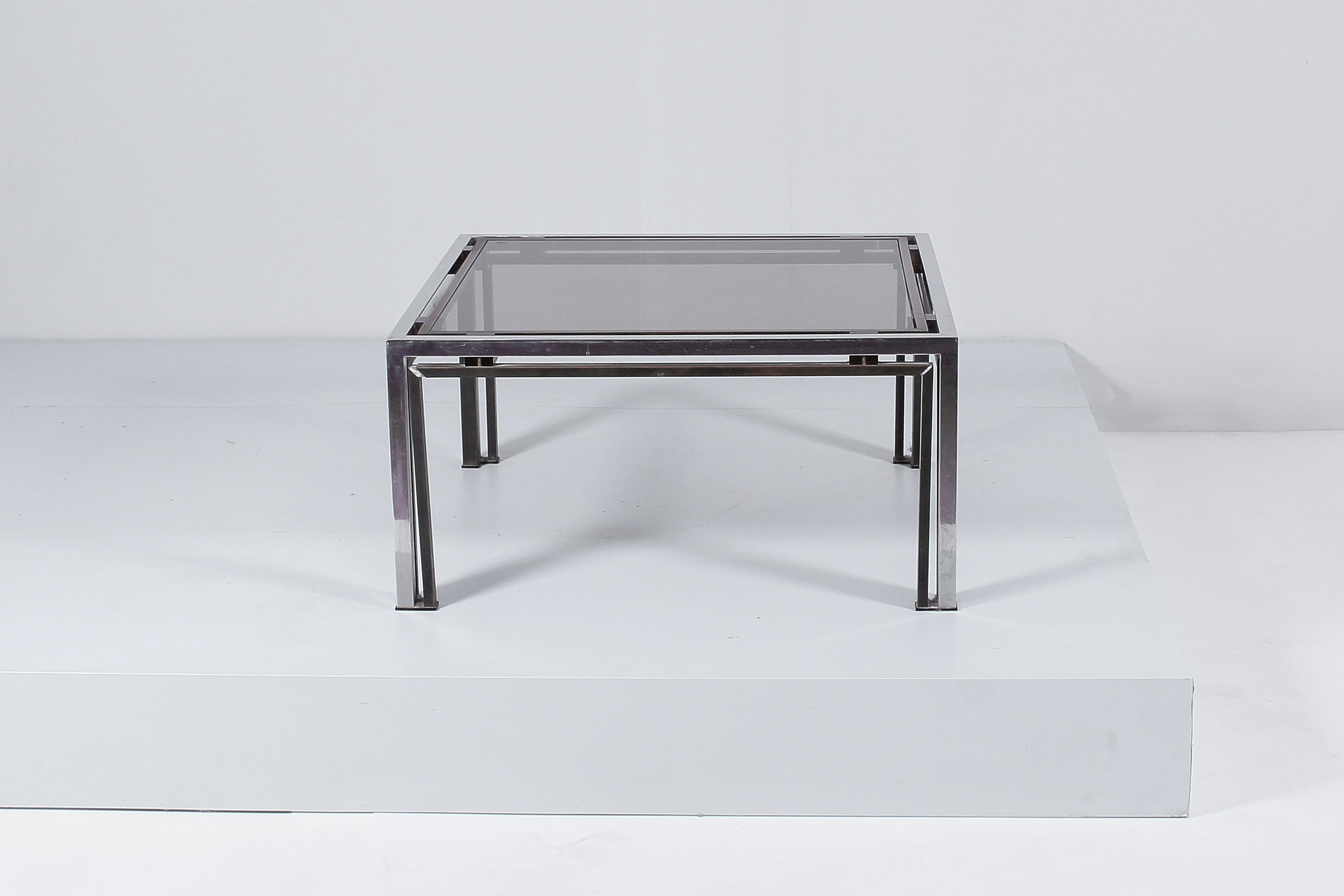 R. Rega for Nazaret Chromed Metal, Brass and Dark Glass Coffee Table 70s Italy For Sale 4