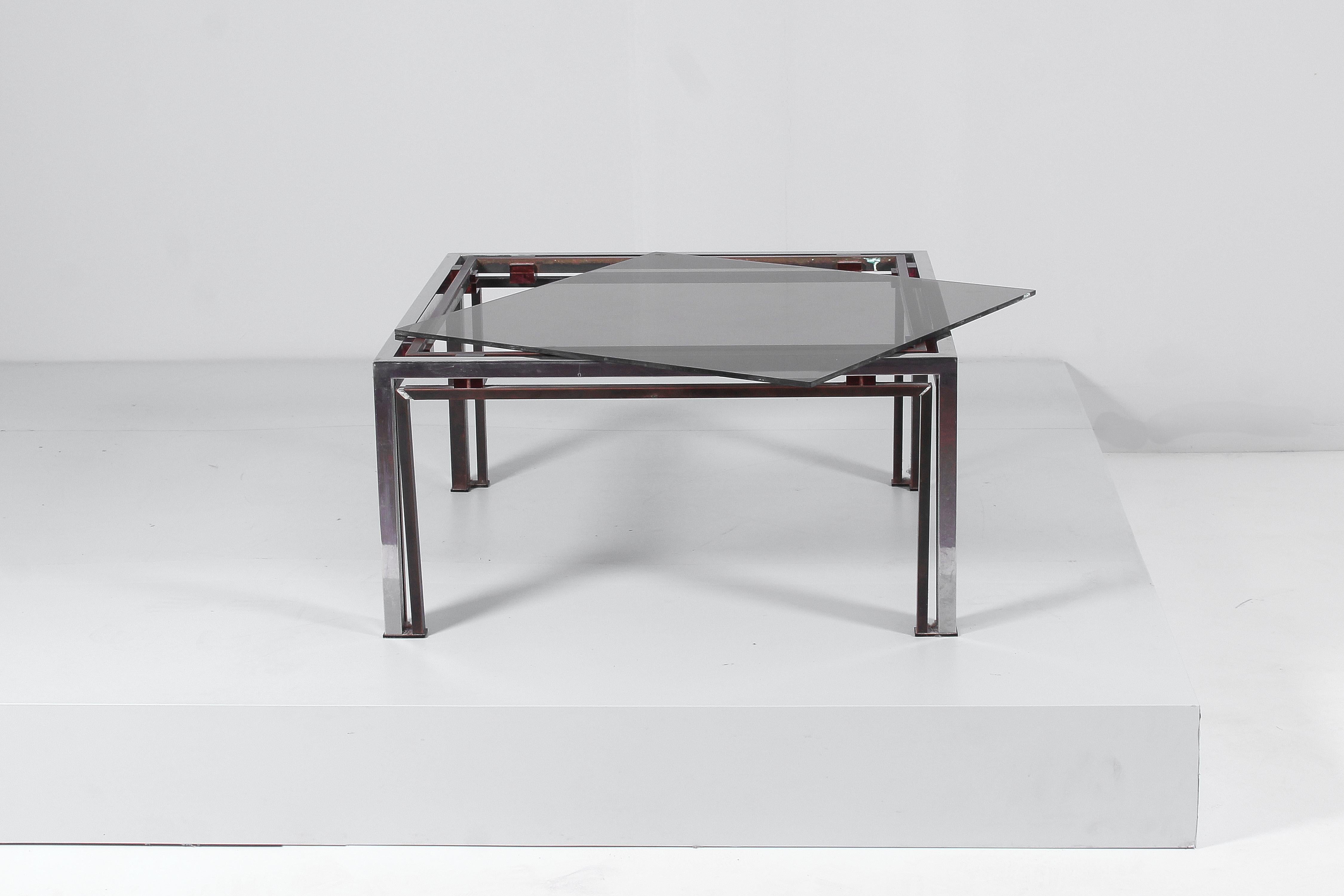 R. Rega for Nazaret Chromed Metal, Brass and Dark Glass Coffee Table 70s Italy For Sale 5
