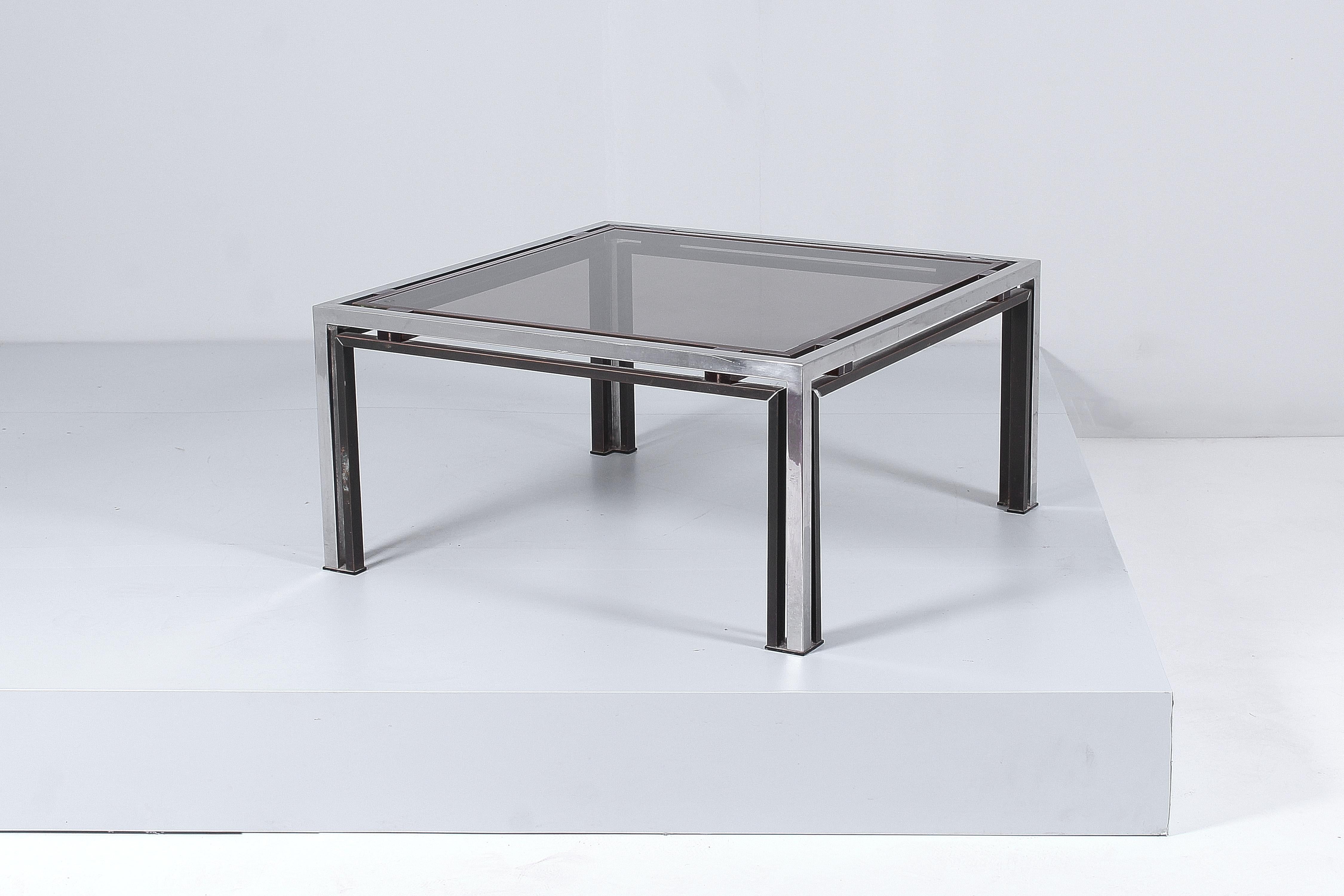 Mid-Century Modern R. Rega for Nazaret Chromed Metal, Brass and Dark Glass Coffee Table 70s Italy For Sale