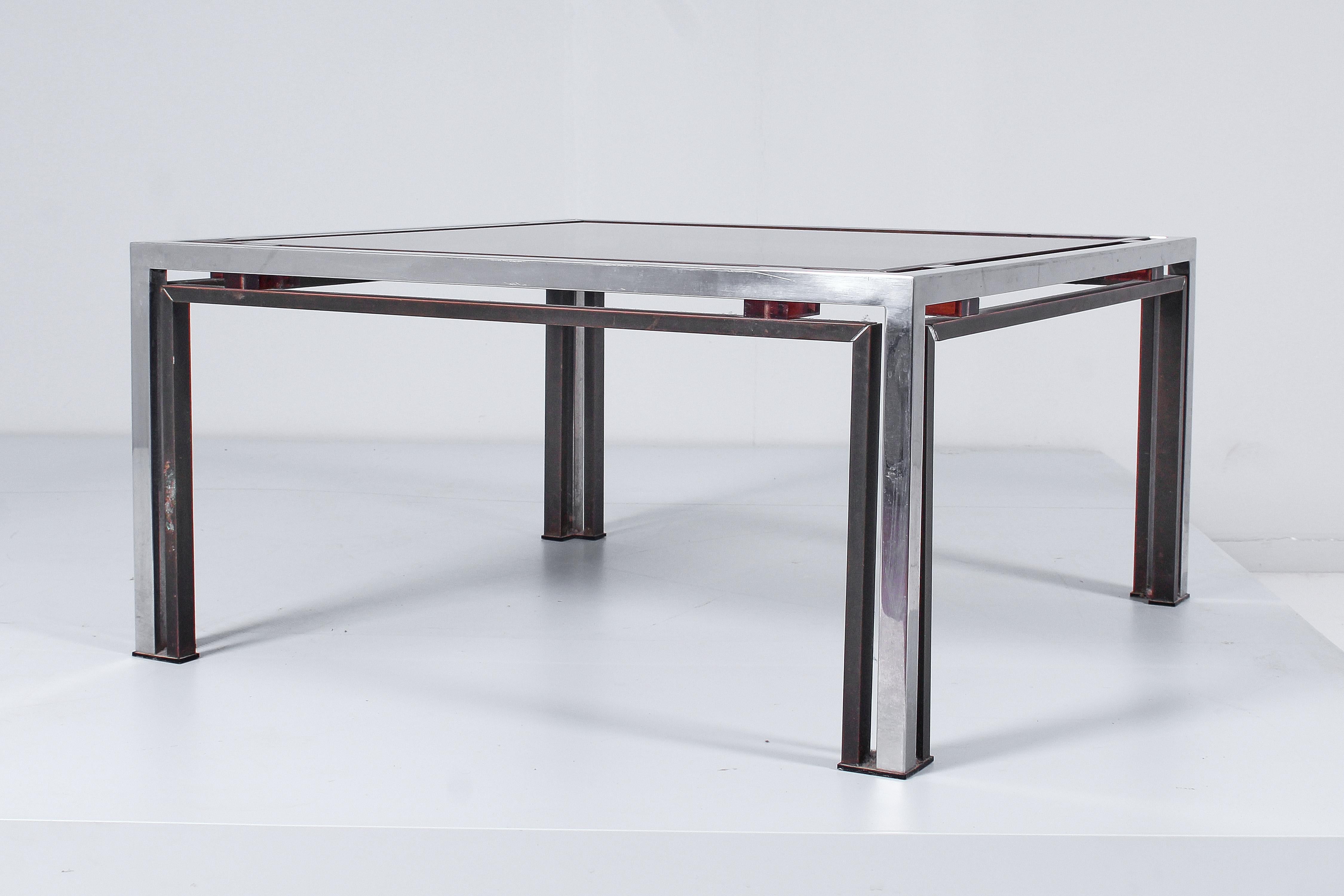 Italian R. Rega for Nazaret Chromed Metal, Brass and Dark Glass Coffee Table 70s Italy For Sale