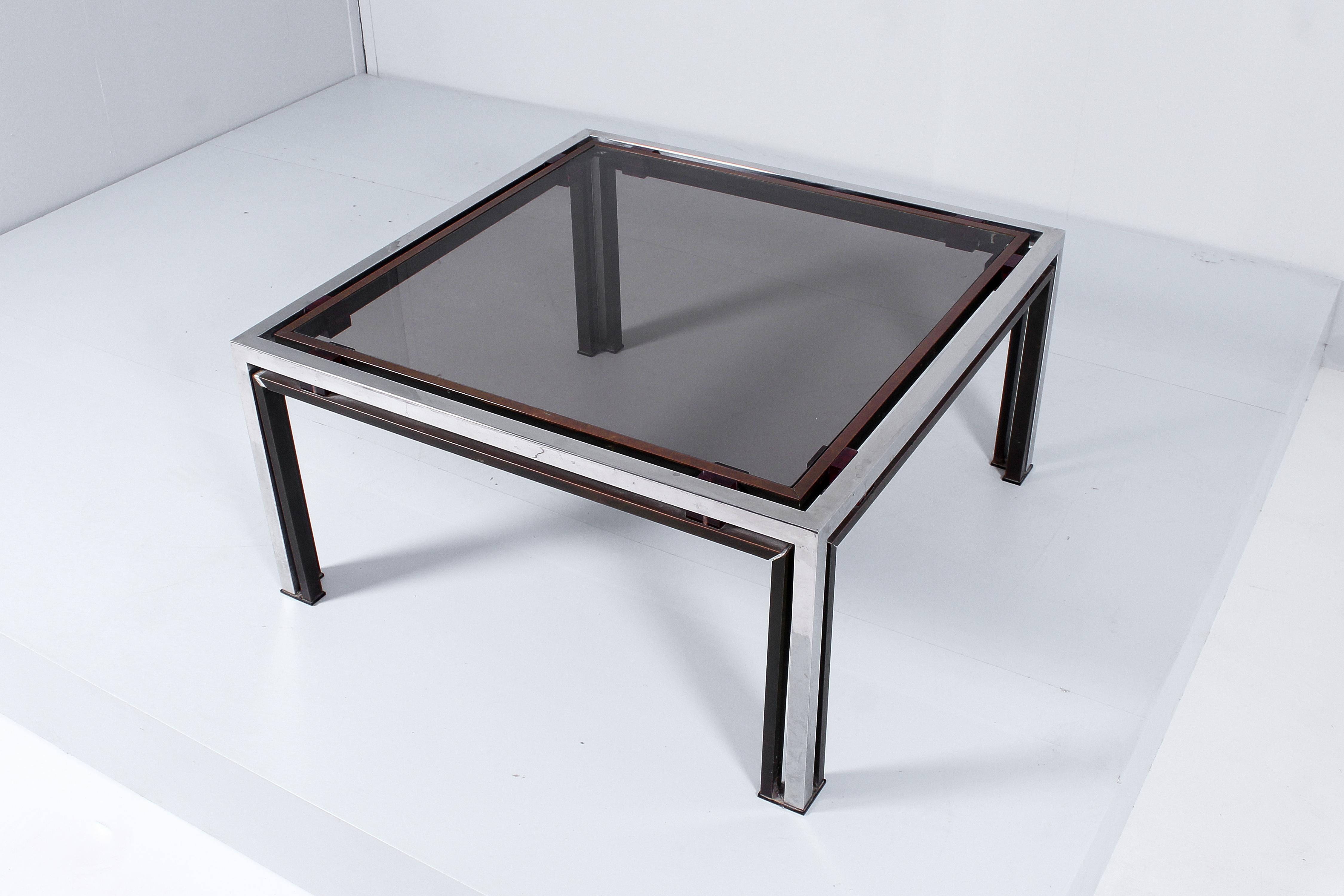 R. Rega for Nazaret Chromed Metal, Brass and Dark Glass Coffee Table 70s Italy For Sale 3