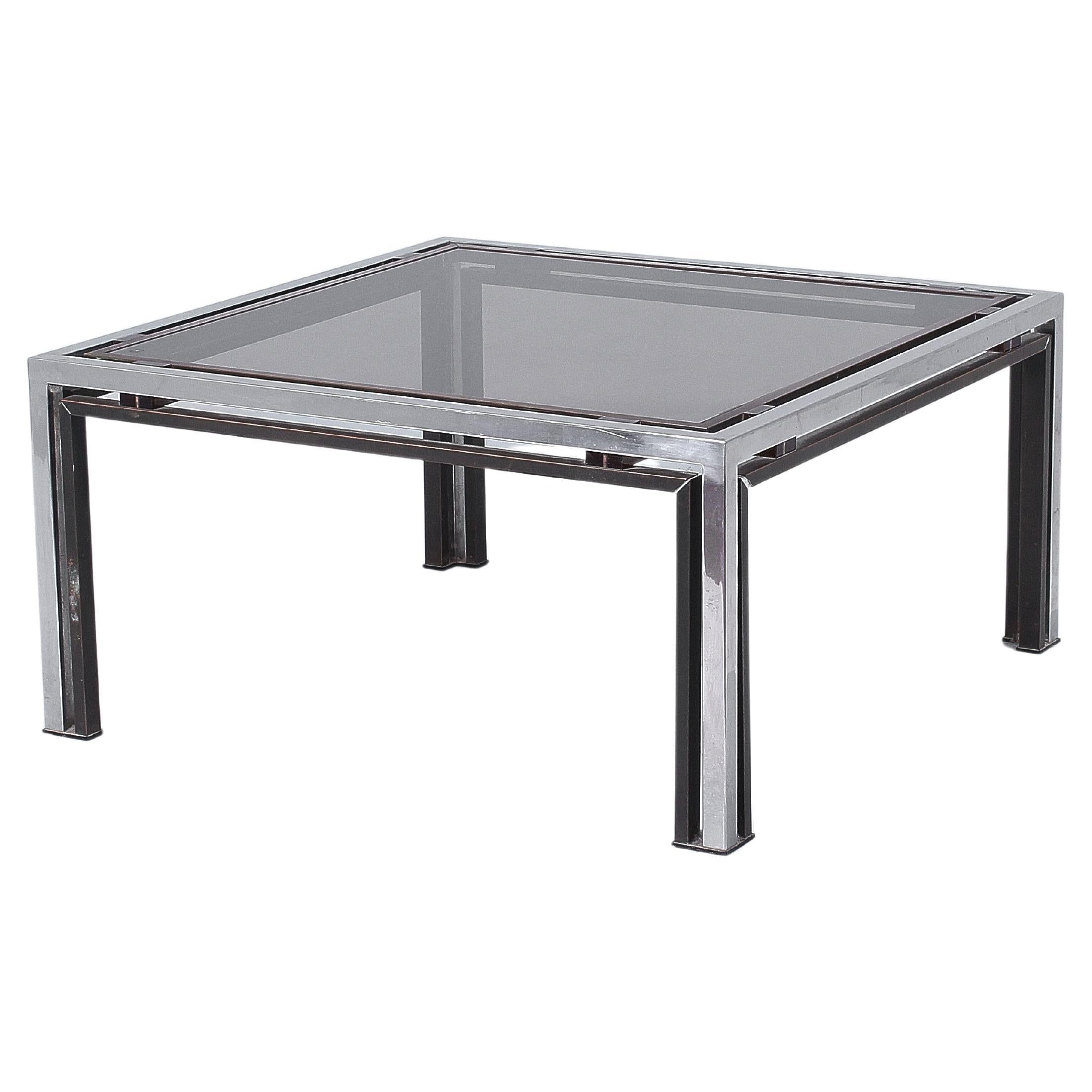 R. Rega für Nazaret, Couchtisch aus verchromtem Metall, Messing und dunklem Glas, 70er Jahre, Italien