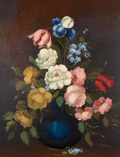 R. Rosini - Mid 20th Century Oil, Flowers in Blue Vase