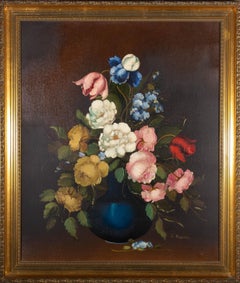R. Rosini - Mid 20th Century Oil, Flowers in Blue Vase