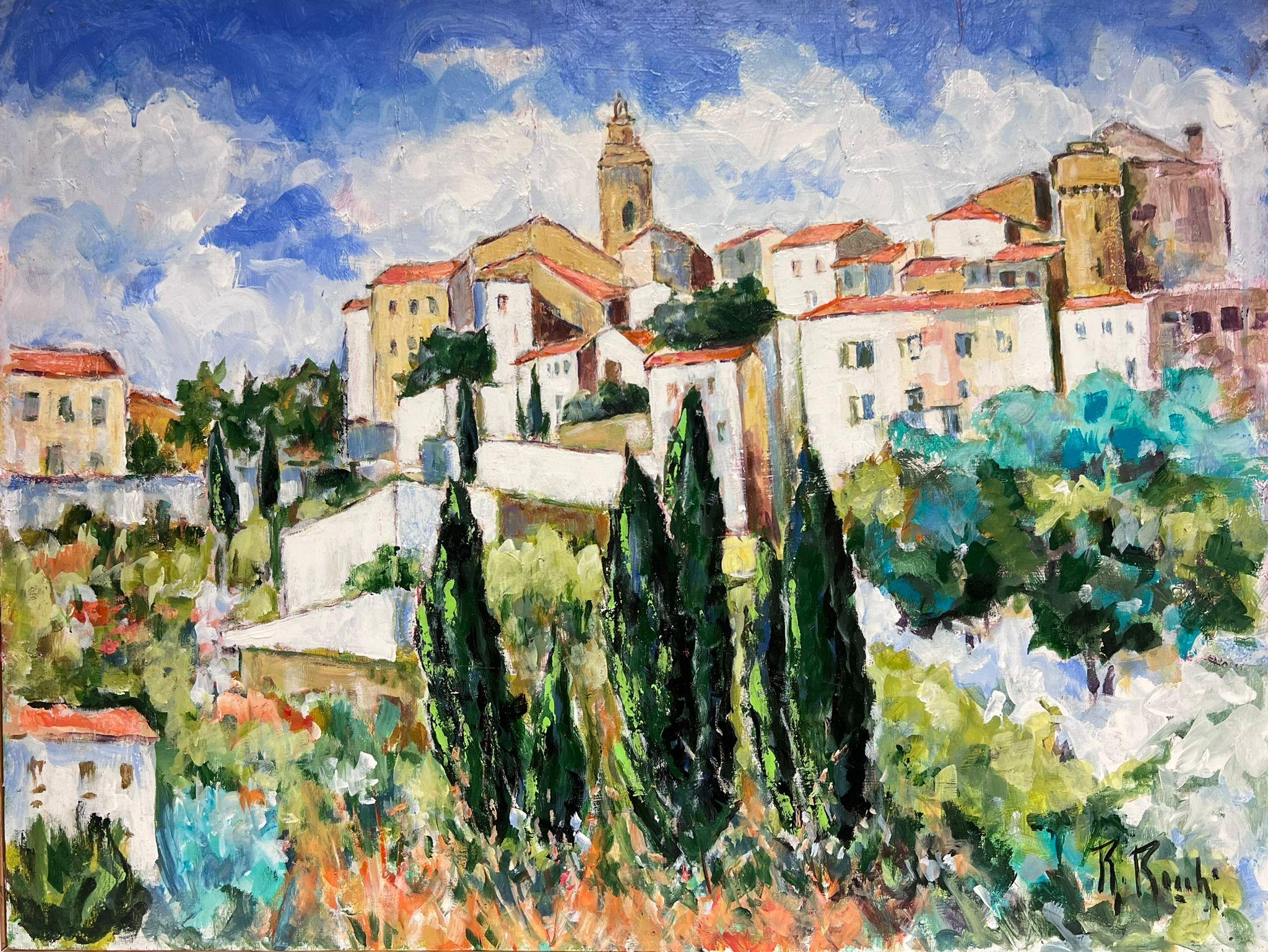 R. Roubi Landscape Painting - Gordes Provence Huge French Original Contemporary Oil Painting Signed Dated