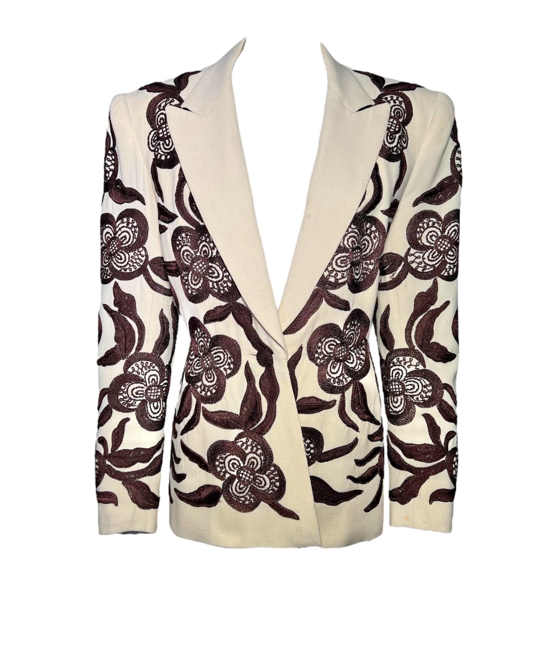 R. Saillart Custom Beige Blazer mit brauner Allover-Handstickerei, 1940er Jahre im Angebot
