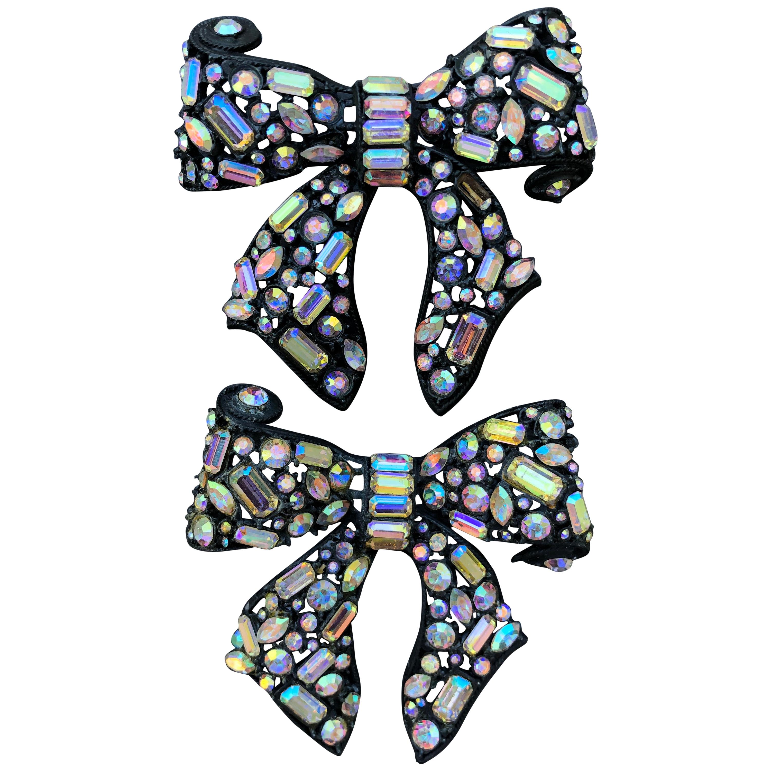 R. Serbin 1980's Pair of Runway Large Crystal A.B. Bow Pin's  For Sale