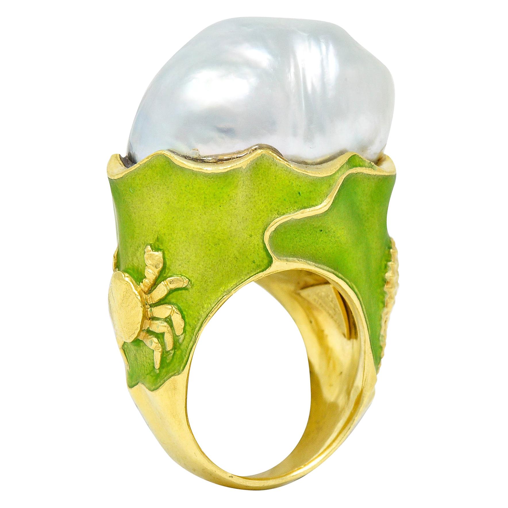 R. Simantov Baroque Pearl Green Enamel 18 Karat Gold Statement Ring