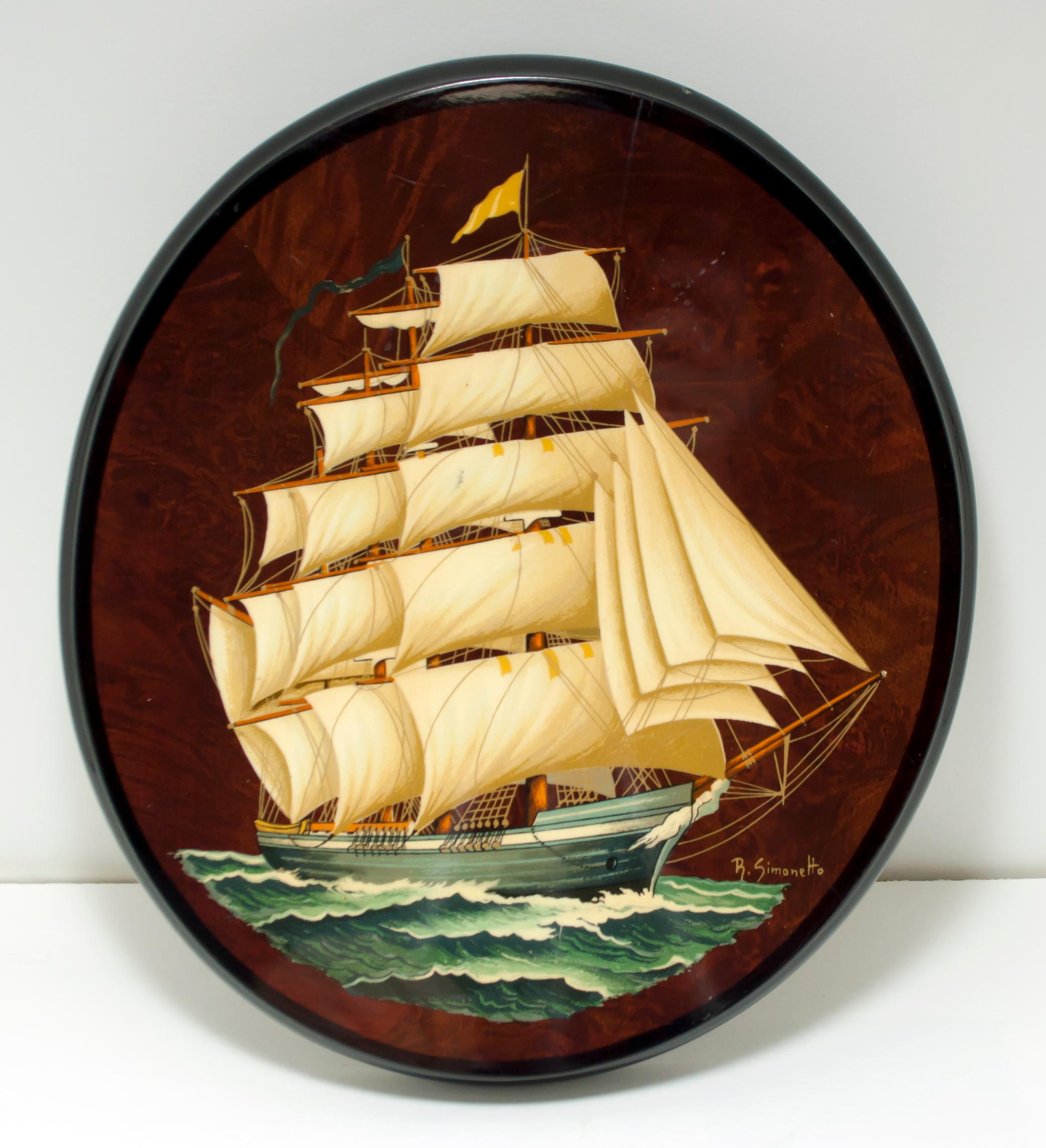 R. Simonetto USA Barcos de vela pintados sobre madera, años 70 Moderno de mediados de siglo en venta
