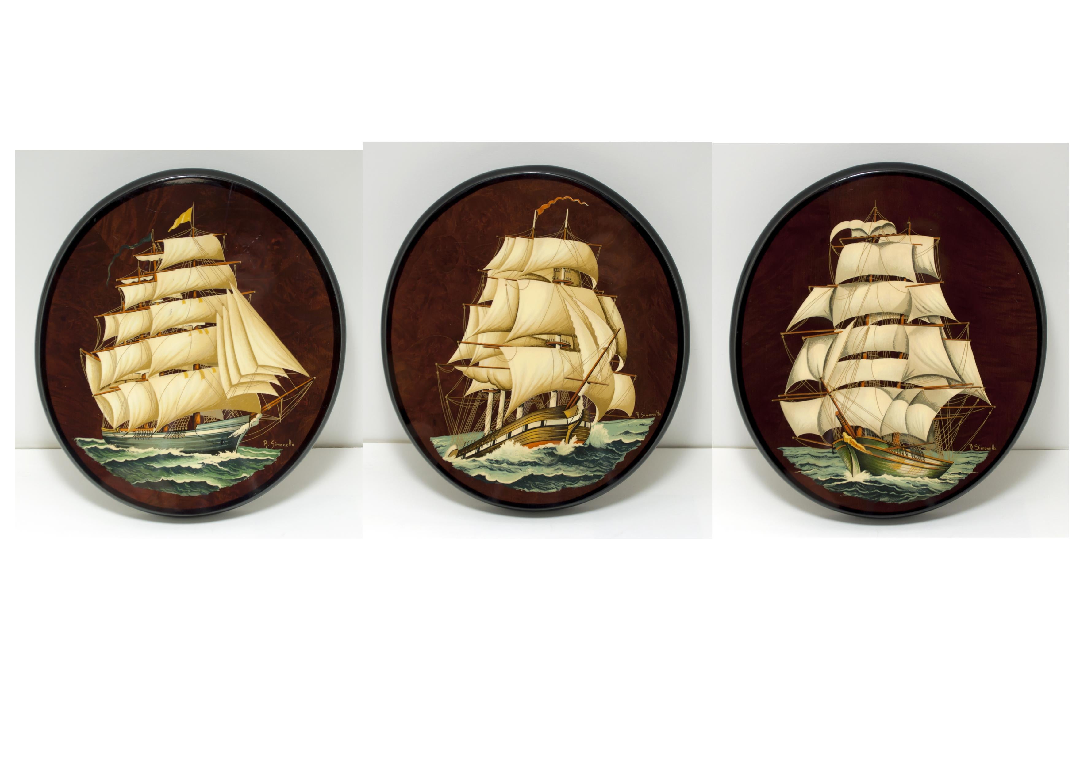 Mid-Century Modern R. Simonetto USA Sailing Ships Painted on Wood, 1970s For Sale