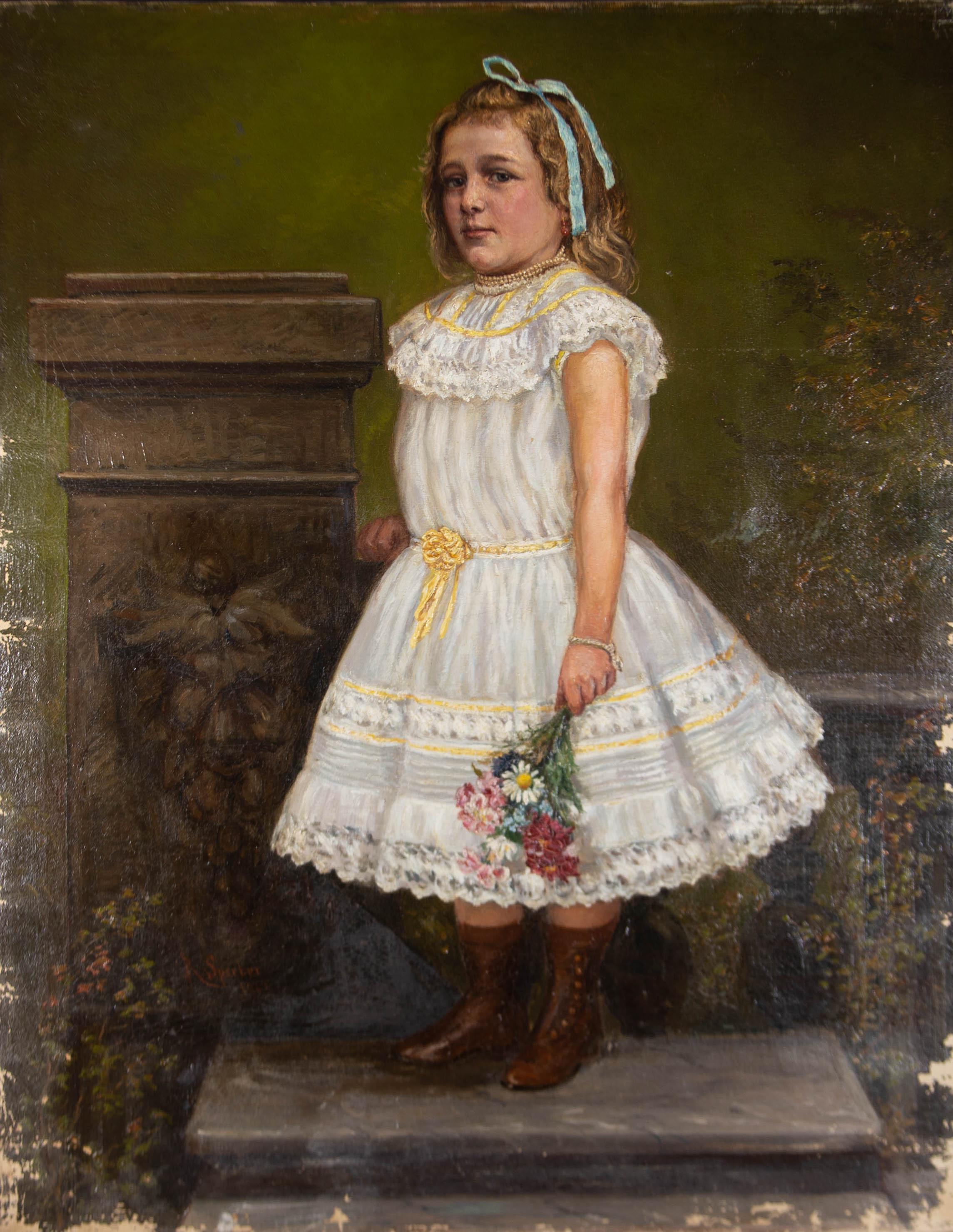 A fine oil of considerable size showing a young girl holding a bunch of flowers, wearing a white lace party dress with yellow trim and a blue ribbon in her blonde hair. The painting has been signed and dated in the lower left quadrant. The painting