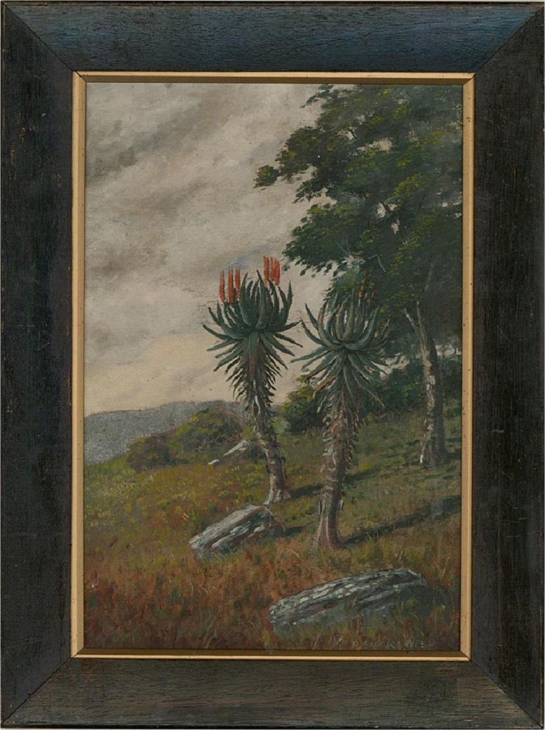 A fine oil landscape with a fun botanical element. The scene shows two tall yucca plants in bloom on a rocky hillside. The artist has signed to the lower right corner and the painting has been presented in a black wax frame with gilt slip. On board.
