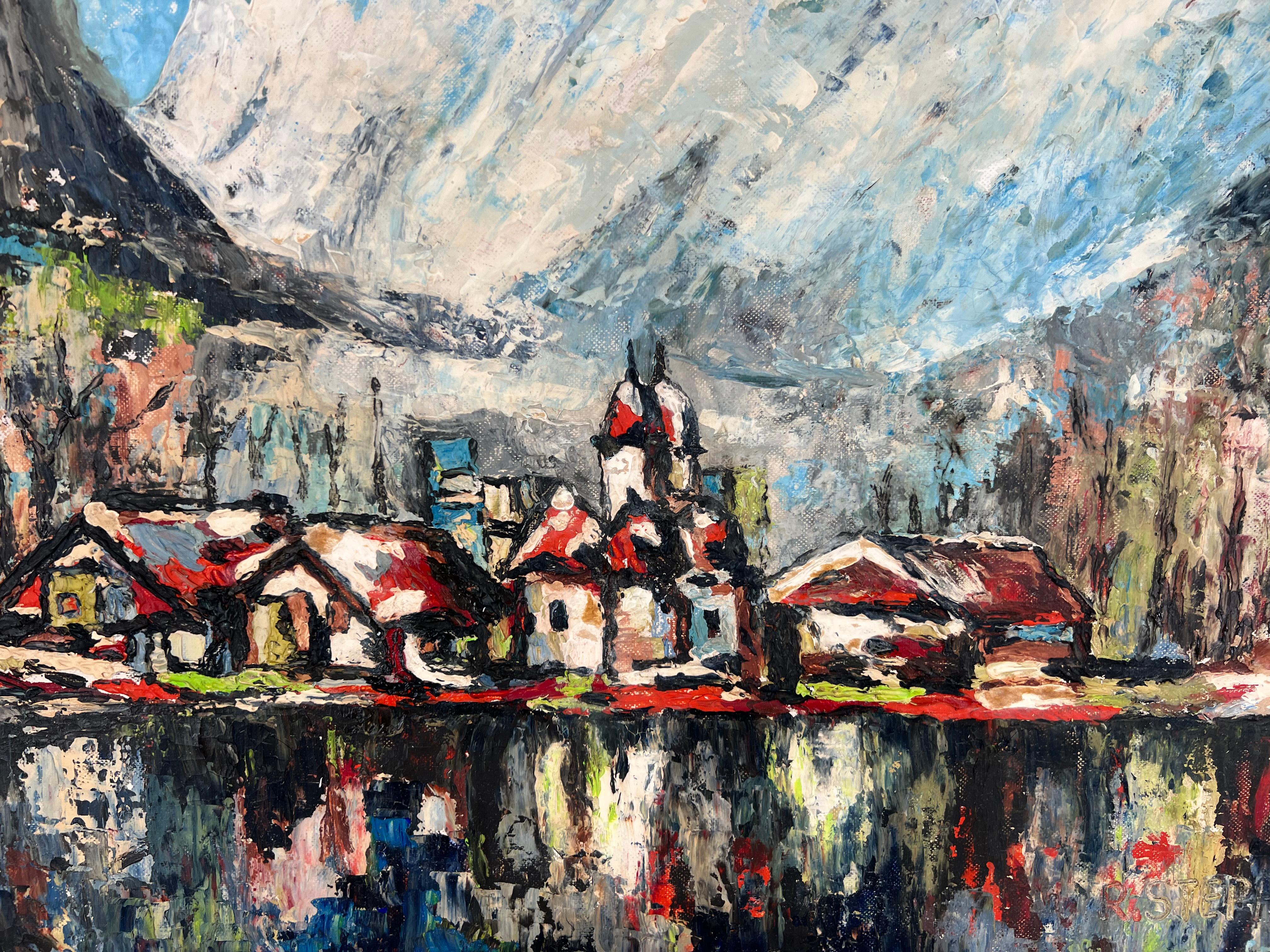 Mid Century Fauvist Swiss Lake Village Landscape - Painting by R. Stephens