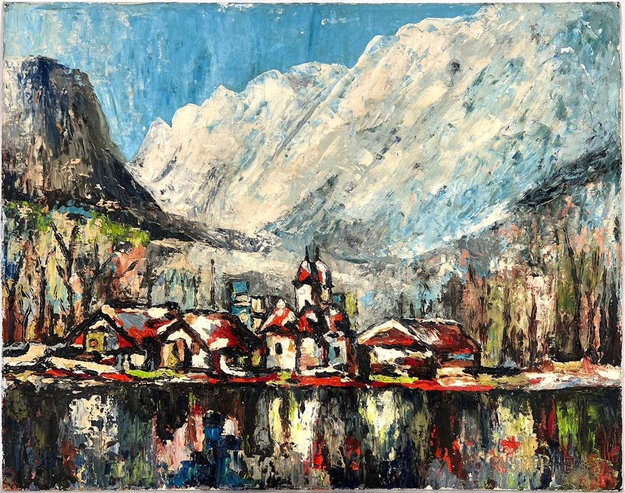 Mid Century Fauvist Swiss Lake Village Landscape