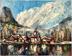 Paysage de village de lac suisse fauviste du milieu du siècle dernier