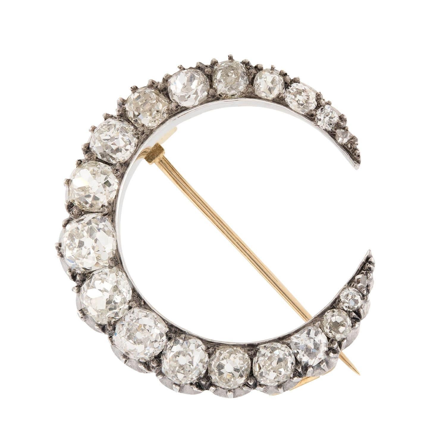 R. STEWART Spilla/pendente vittoriano a mezzaluna con diamante in argento 18k/sterling