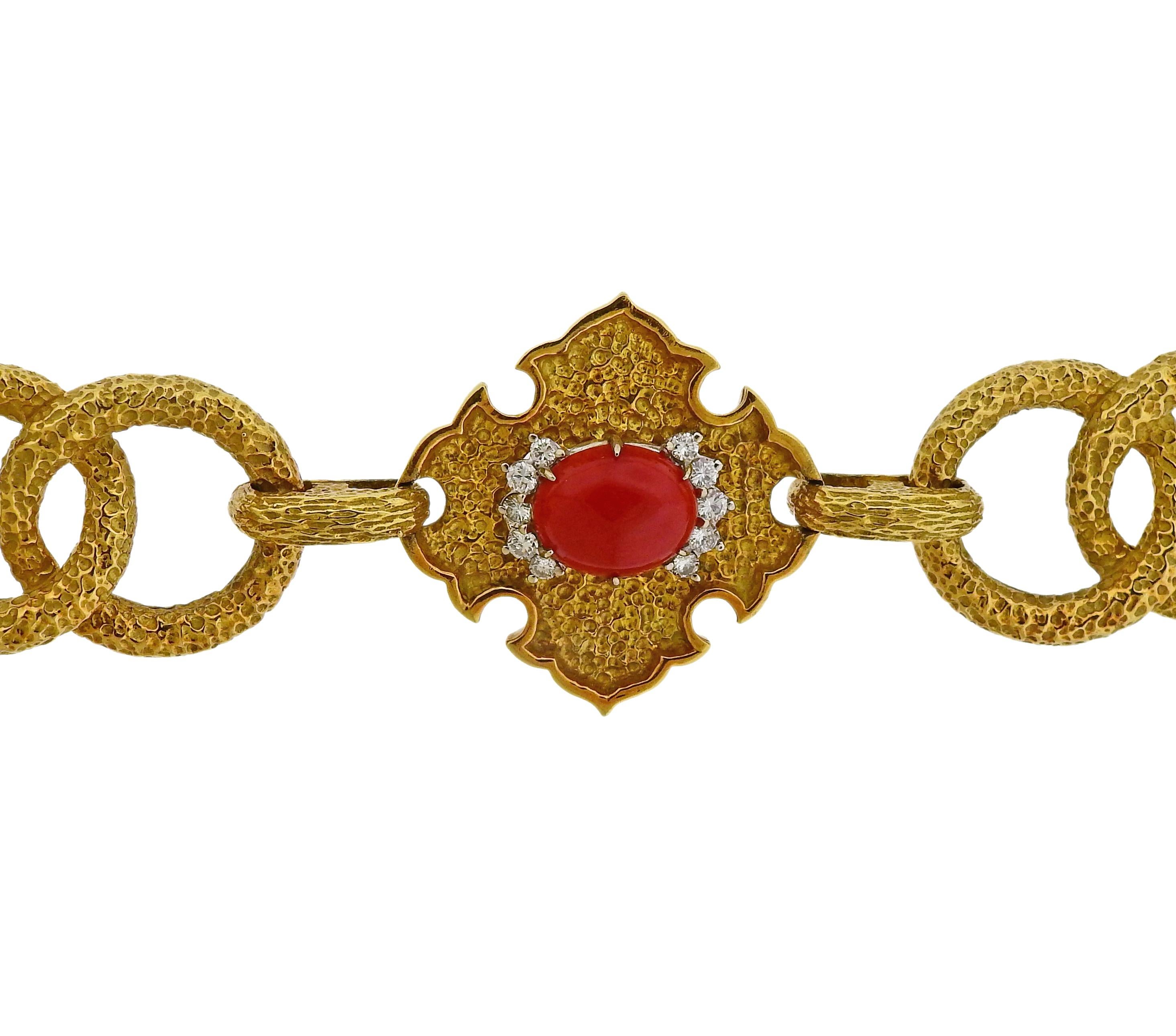 Vintage 18k gold necklace by R. Stone, set with corals, onyx and approx. 2.50ctw in diamonds. The necklace is 26