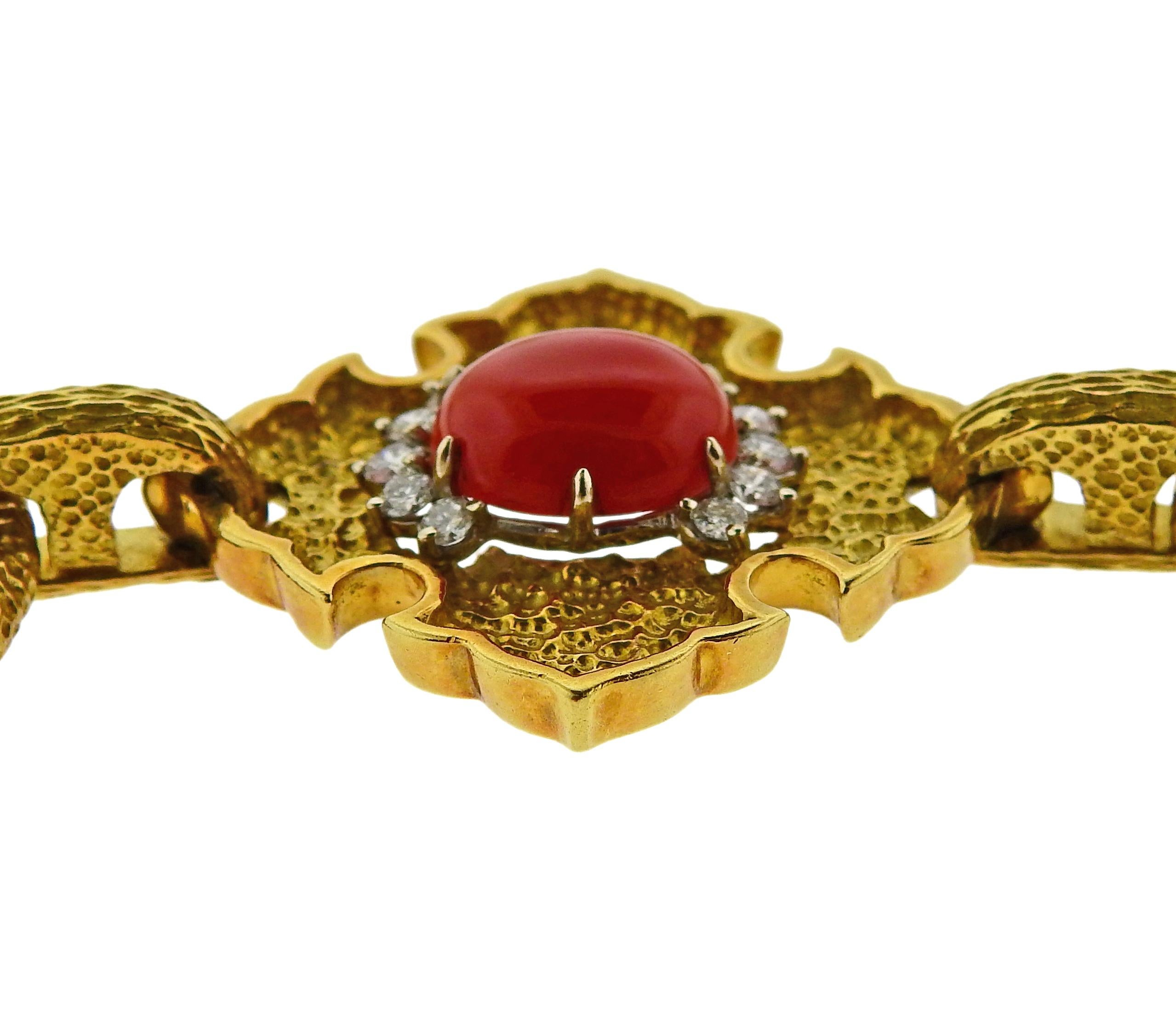 Women's R Stone Coral Onyx Diamond Gold Necklace For Sale