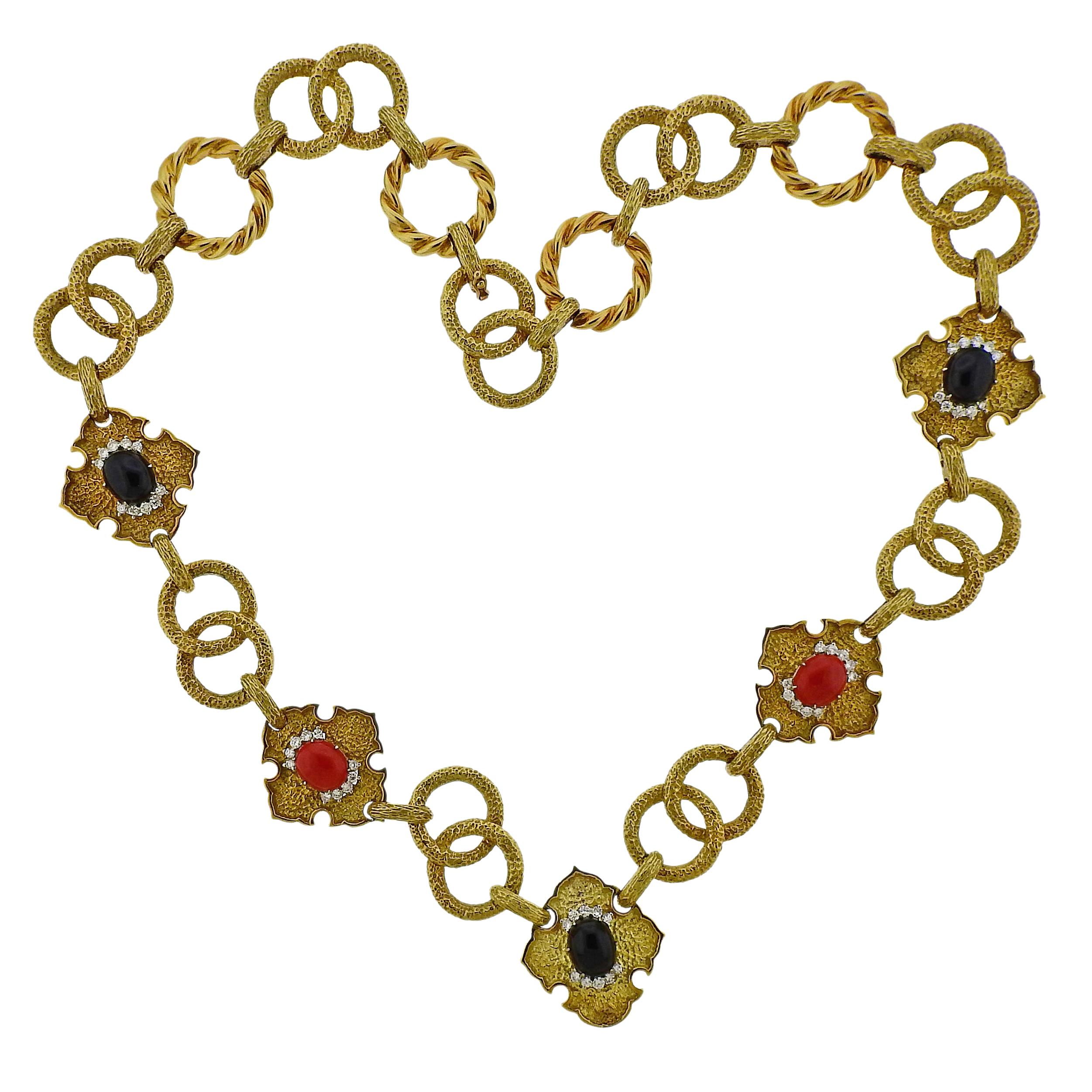 R Stone Coral Onyx Diamond Gold Necklace