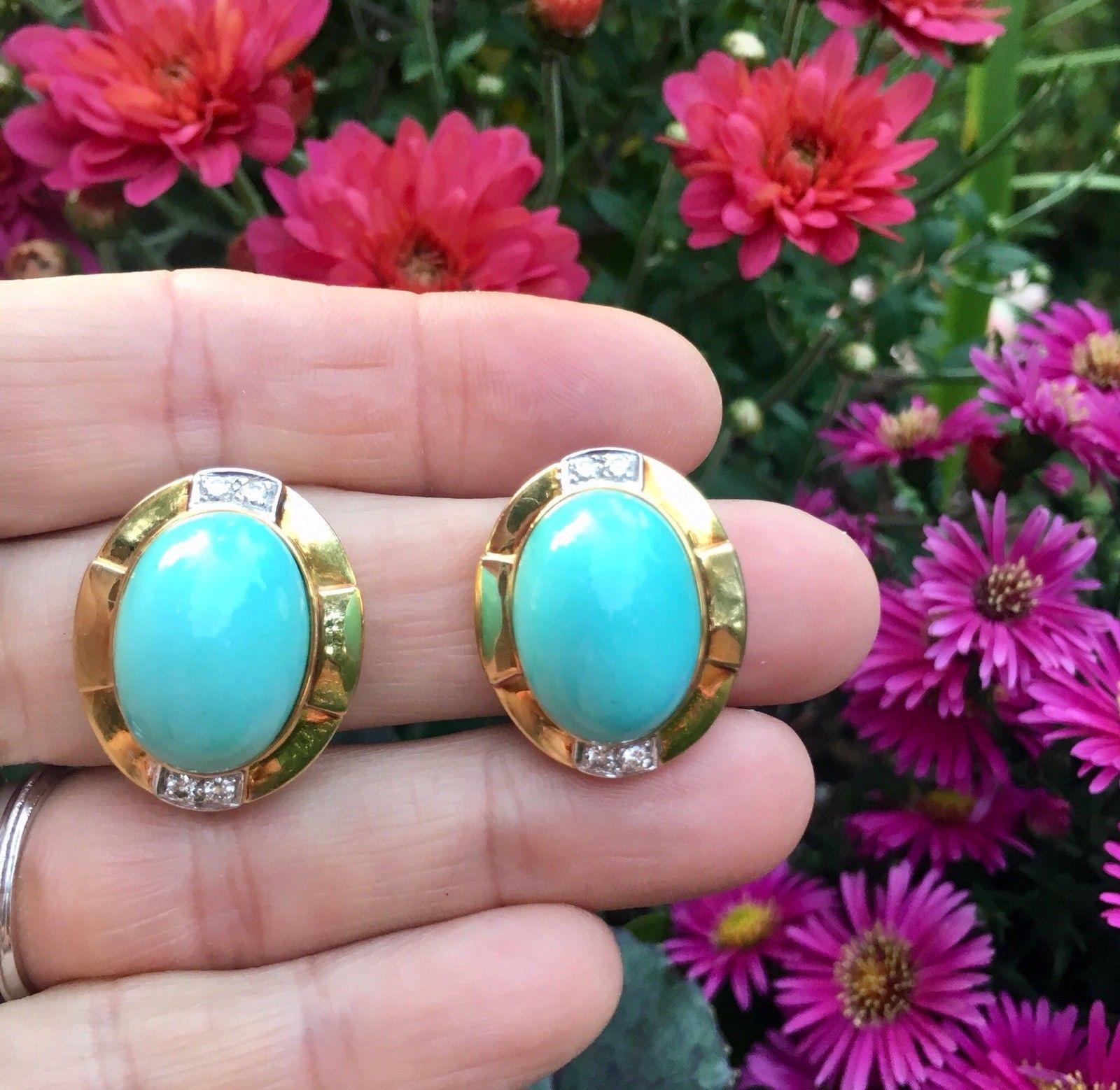 Stunning R. Stone 1970s Estate 18K Gold Turquoise Diamond Earrings

These beautiful earrings feature two gorgeous pale blue robins egg Persian turquoise cabochons, each set in an 18k gold surround featuring 0.32 carats of G/VS round brilliant