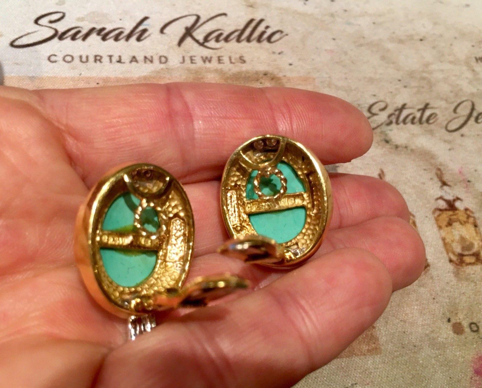 R. Stone Retro 18 Karat Gold Turquoise Cabochon Clip Drop Earrings 2