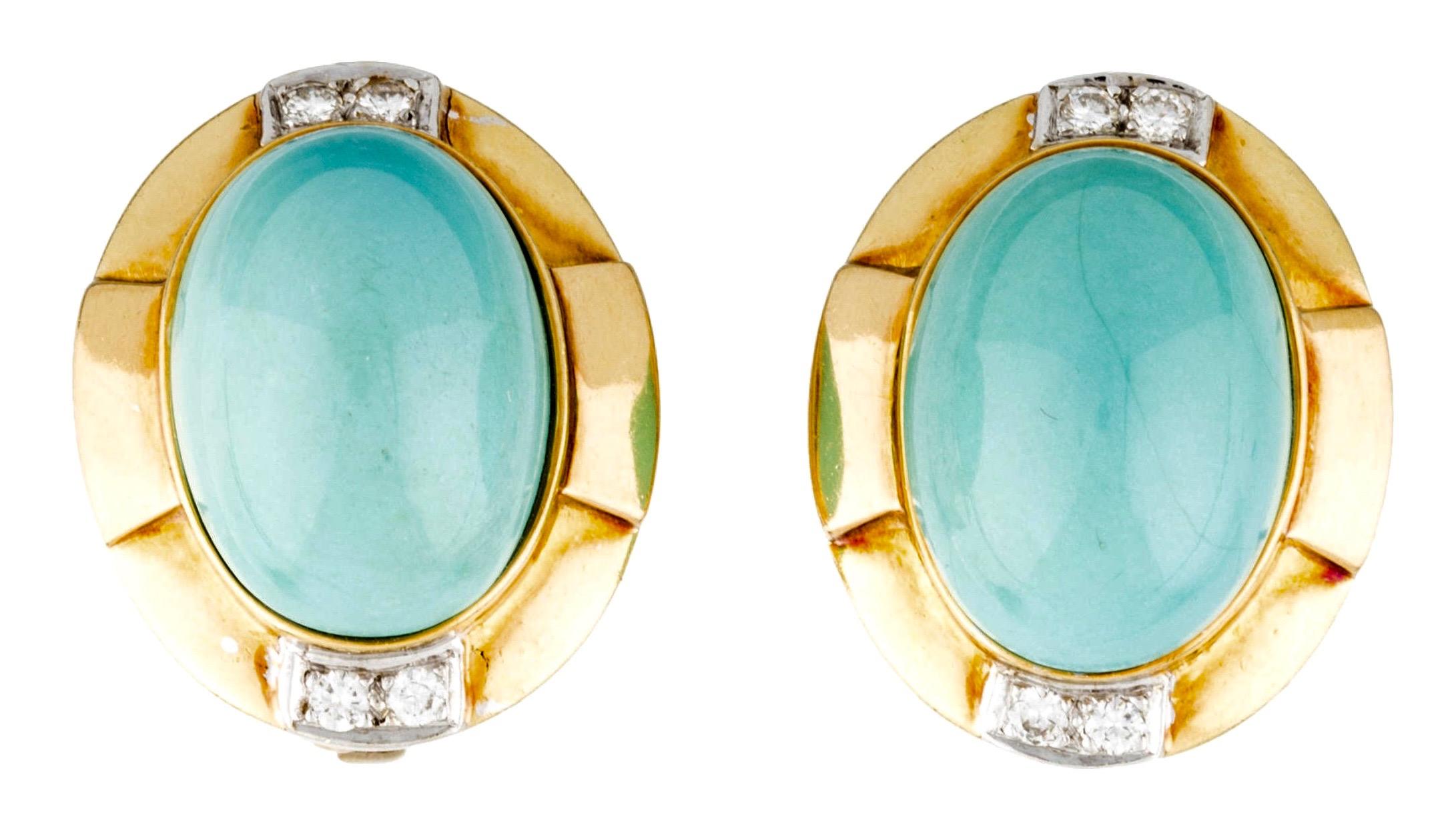 R. Stone Retro 18 Karat Gold Turquoise Cabochon Clip Drop Earrings 3