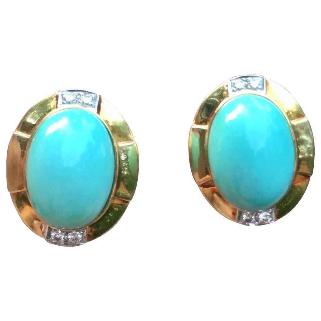 R. Stone Retro 18 Karat Gold Turquoise Cabochon Clip Drop Earrings