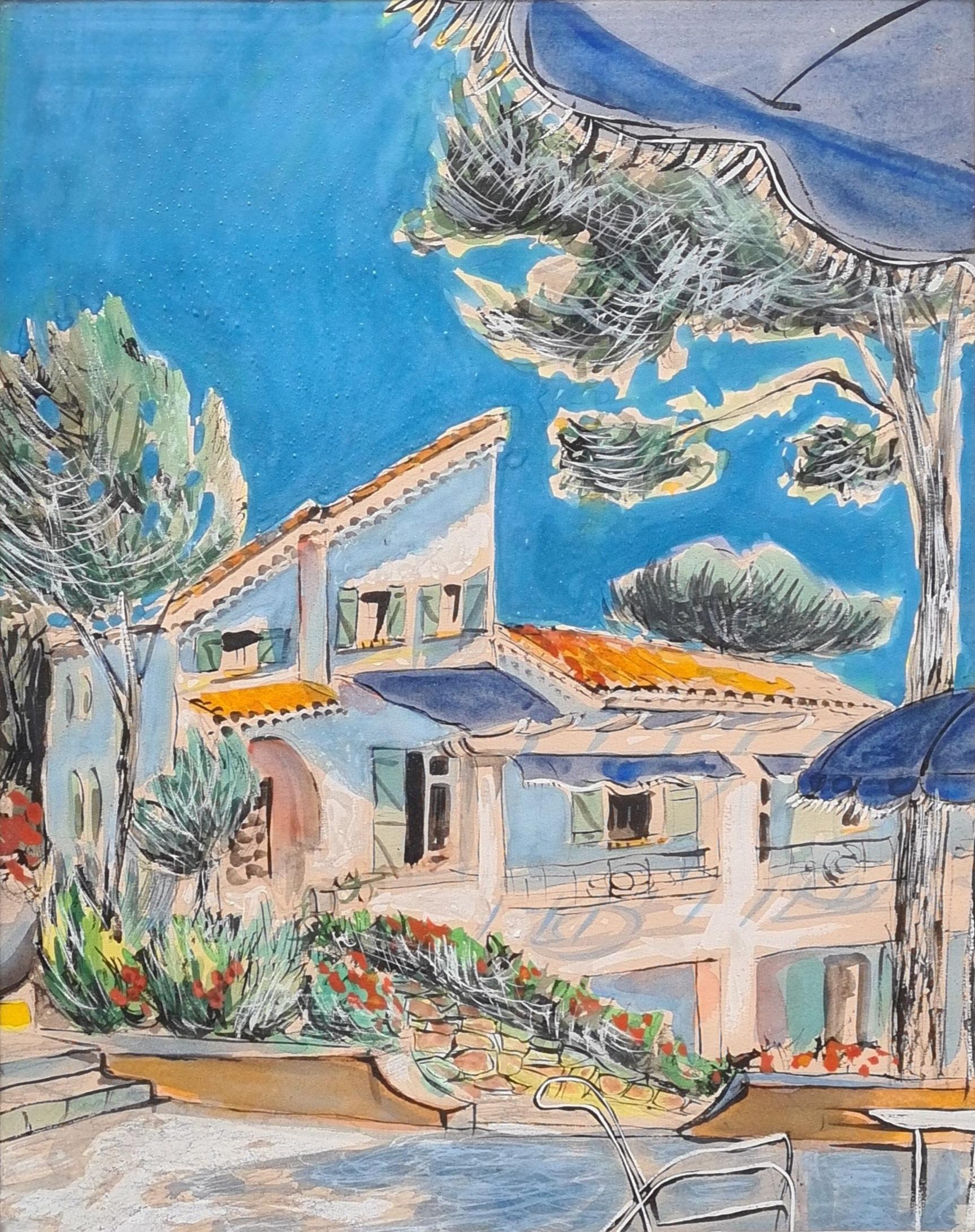 1950s French Watercolour of a 'Moderne' Mediterranean Villa and Its Landscape - Art by  R Tord