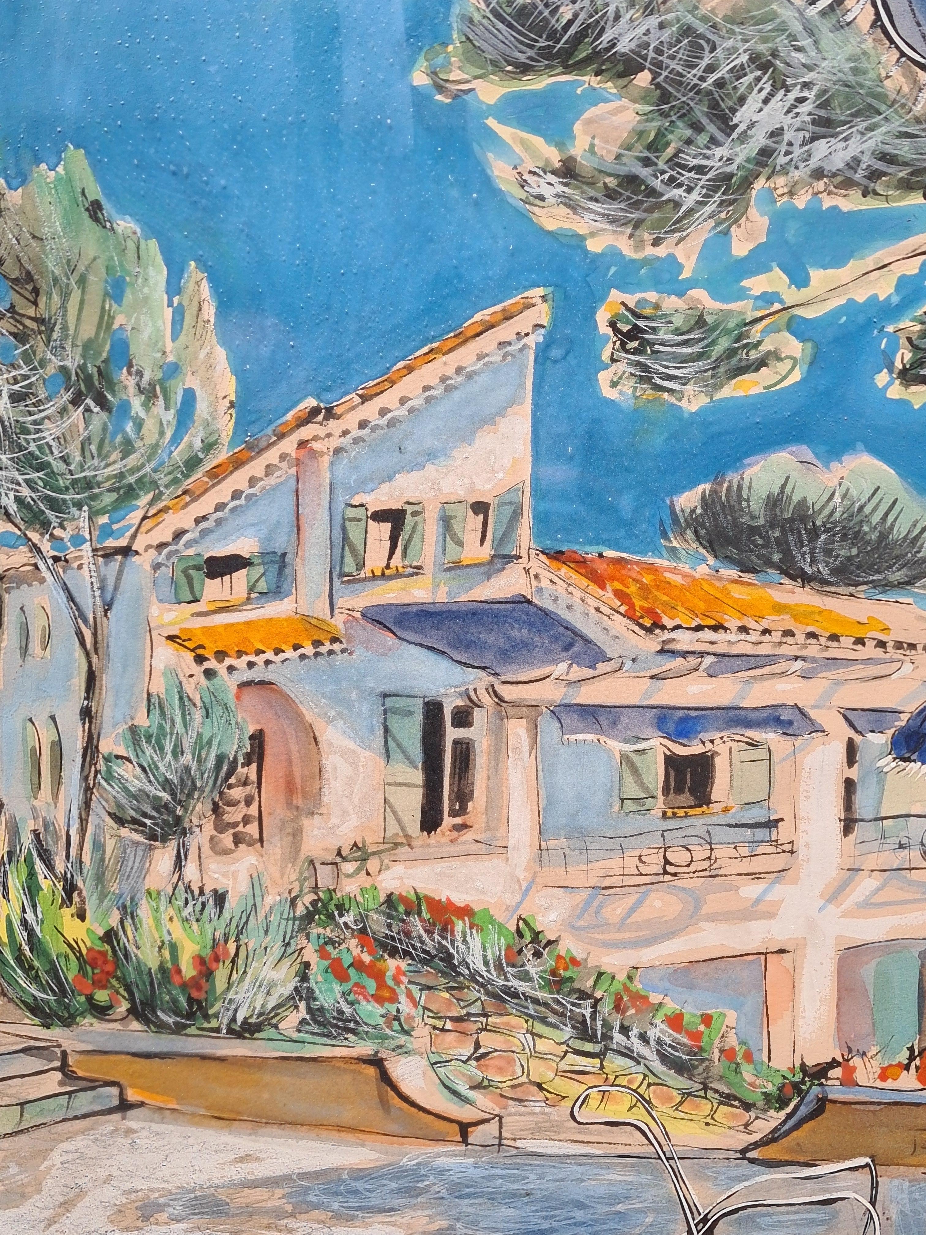 Aquarelle française des années 1950 représentant une villa méditerranéenne 
