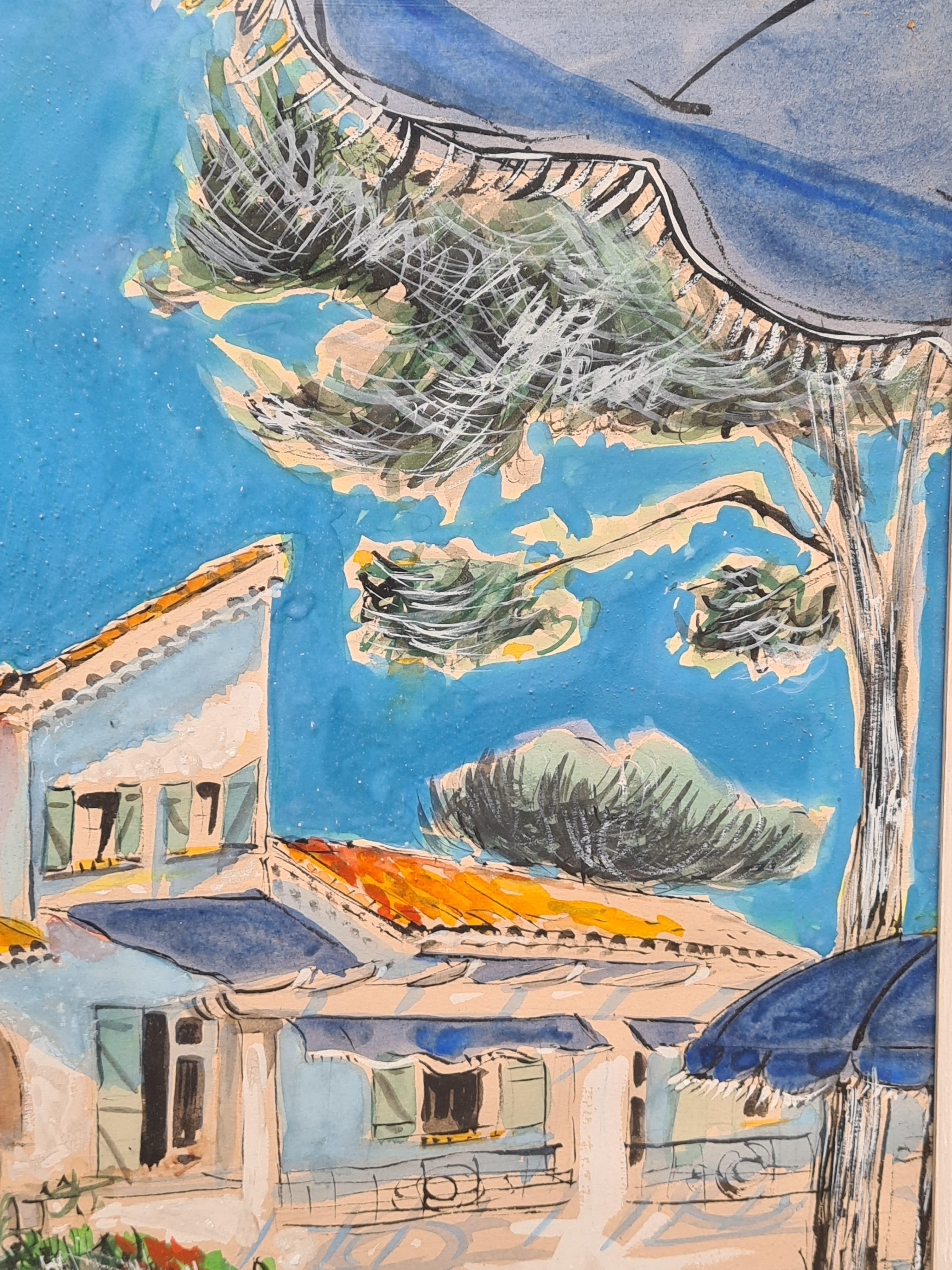 1950s French Watercolour of a 'Moderne' Mediterranean Villa and Its Landscape - Beige Landscape Art by  R Tord
