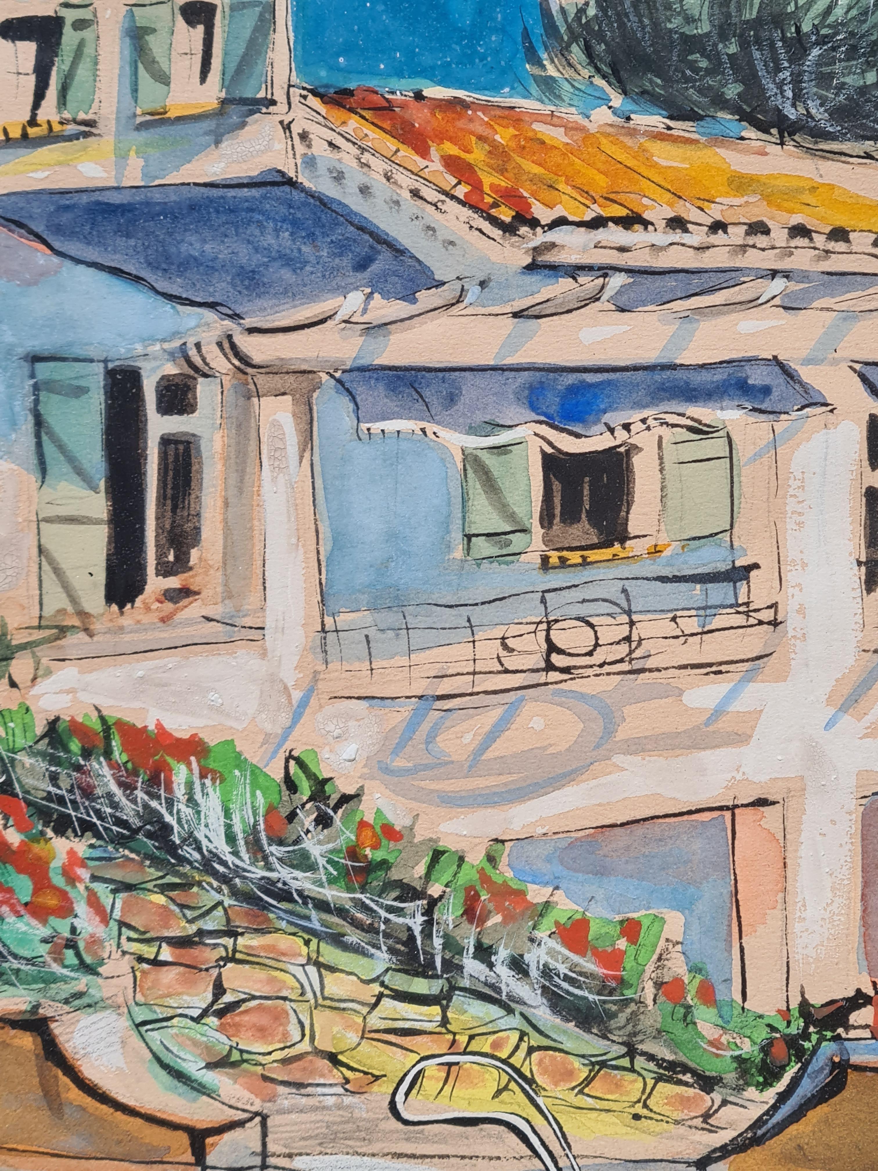 French Mid Century watercolour painting of a 'moderne' villa in the South of France. This painting is not signed but is pendant to another work signed and deciphered as R Tord. The work is presented in a period mid century patinated frame.

A