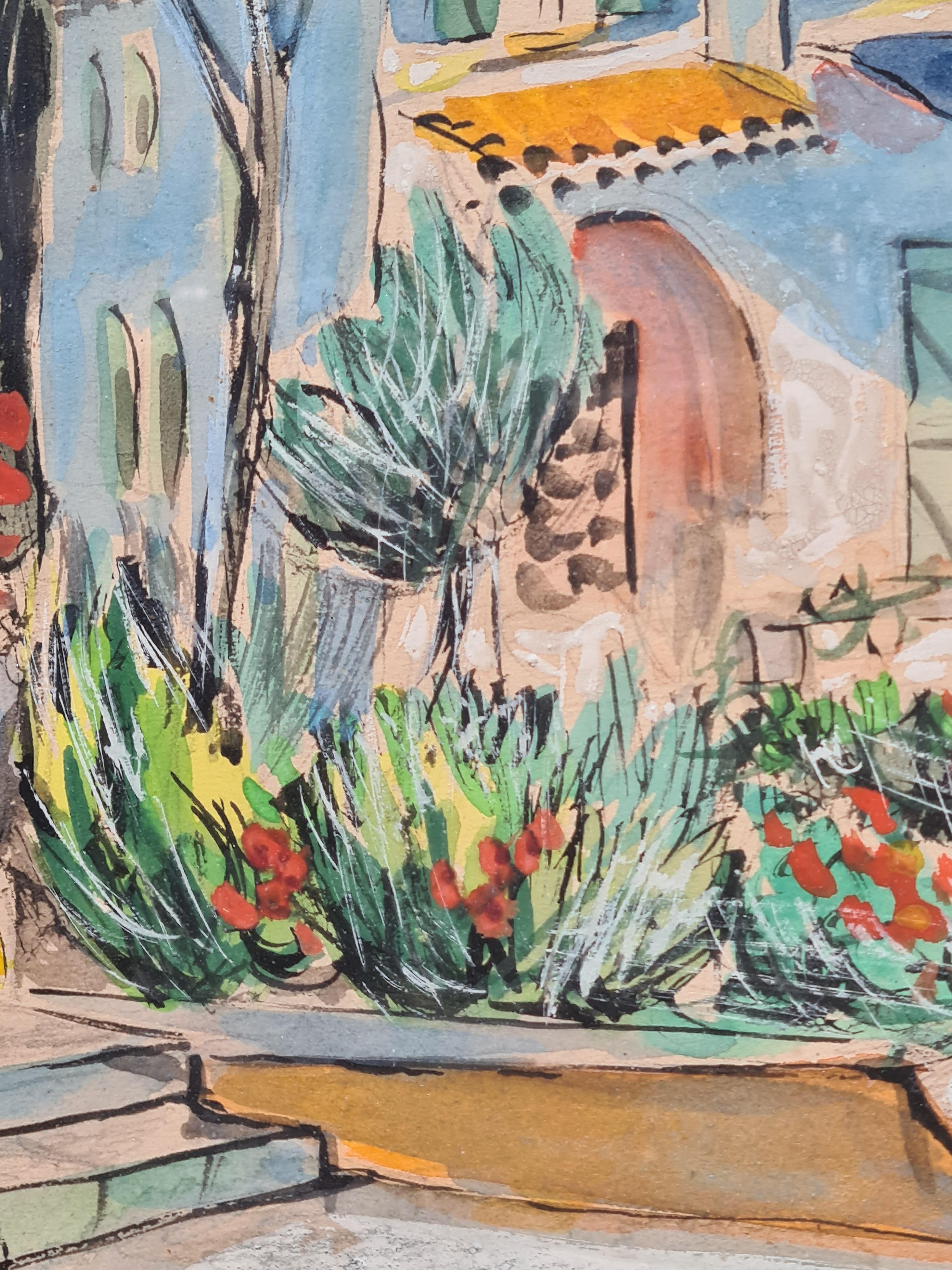 Aquarelle française des années 1950 représentant une villa méditerranéenne 