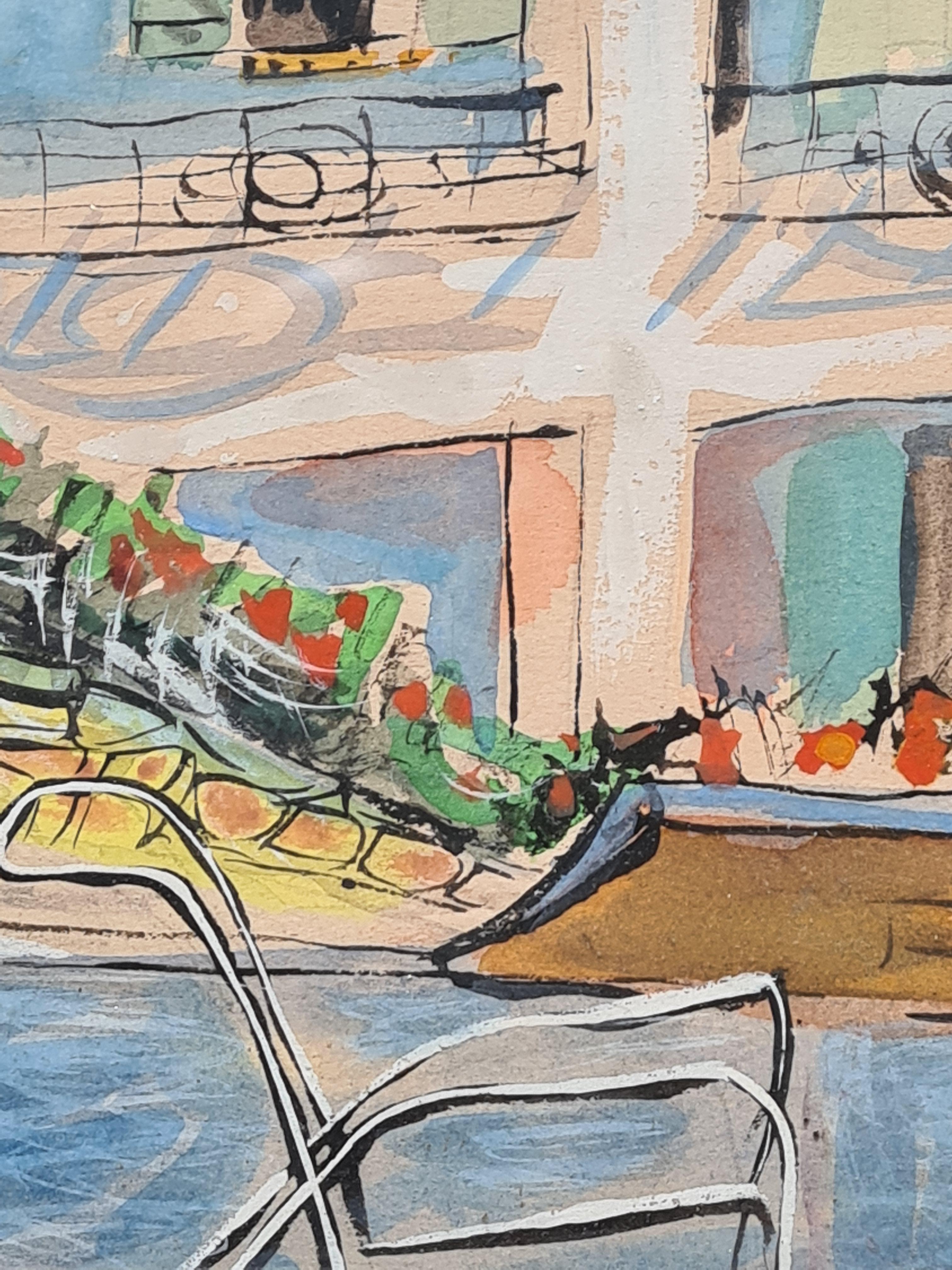 Aquarelle française des années 1950 représentant une villa méditerranéenne 