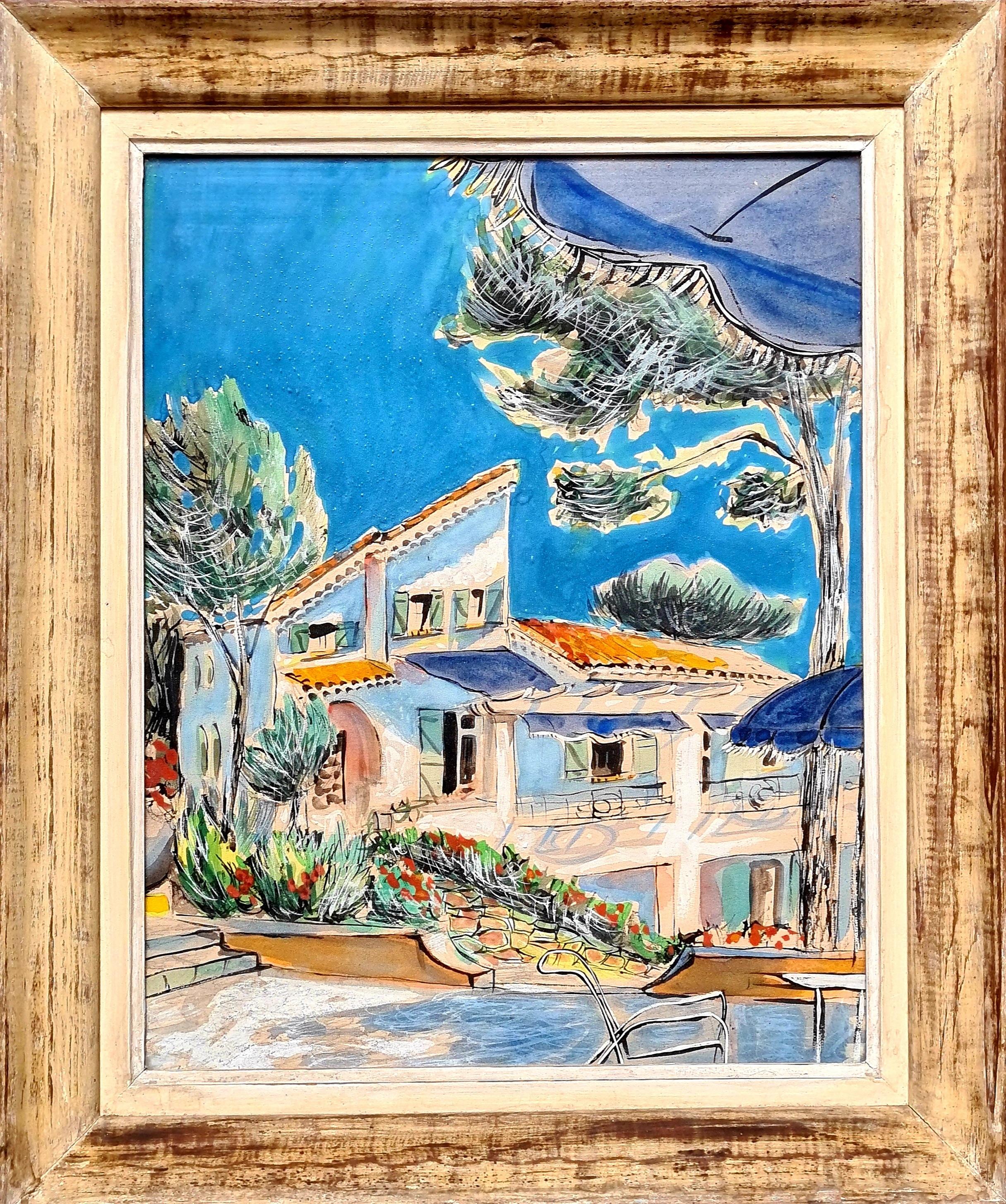 1950s French Watercolour of a 'Moderne' Mediterranean Villa and Its Landscape