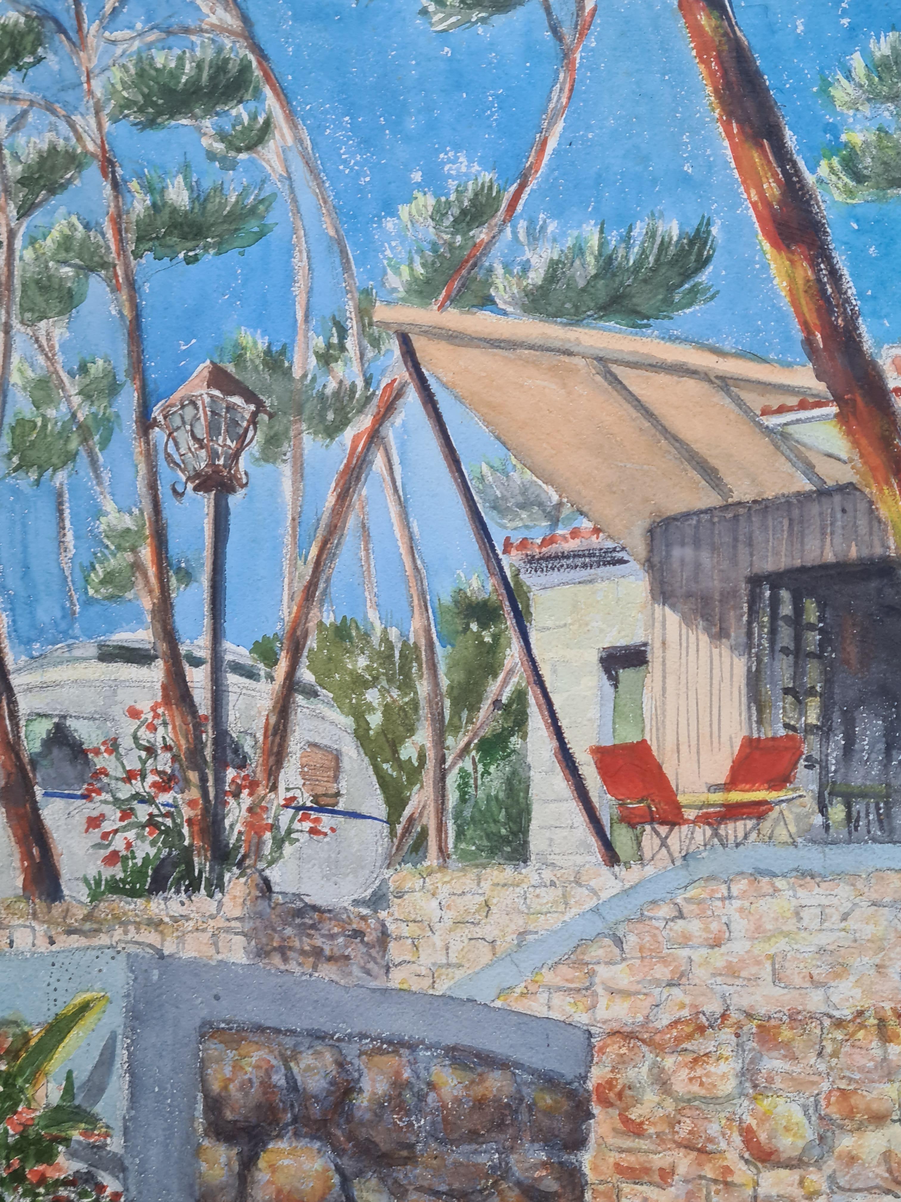 A large scale French Mid Century watercolour painting of a stylish late 1950s villa and its garden in the South of France.  This painting was acquired with another by the same artist which is signed and deciphered as R Tord. This painting is