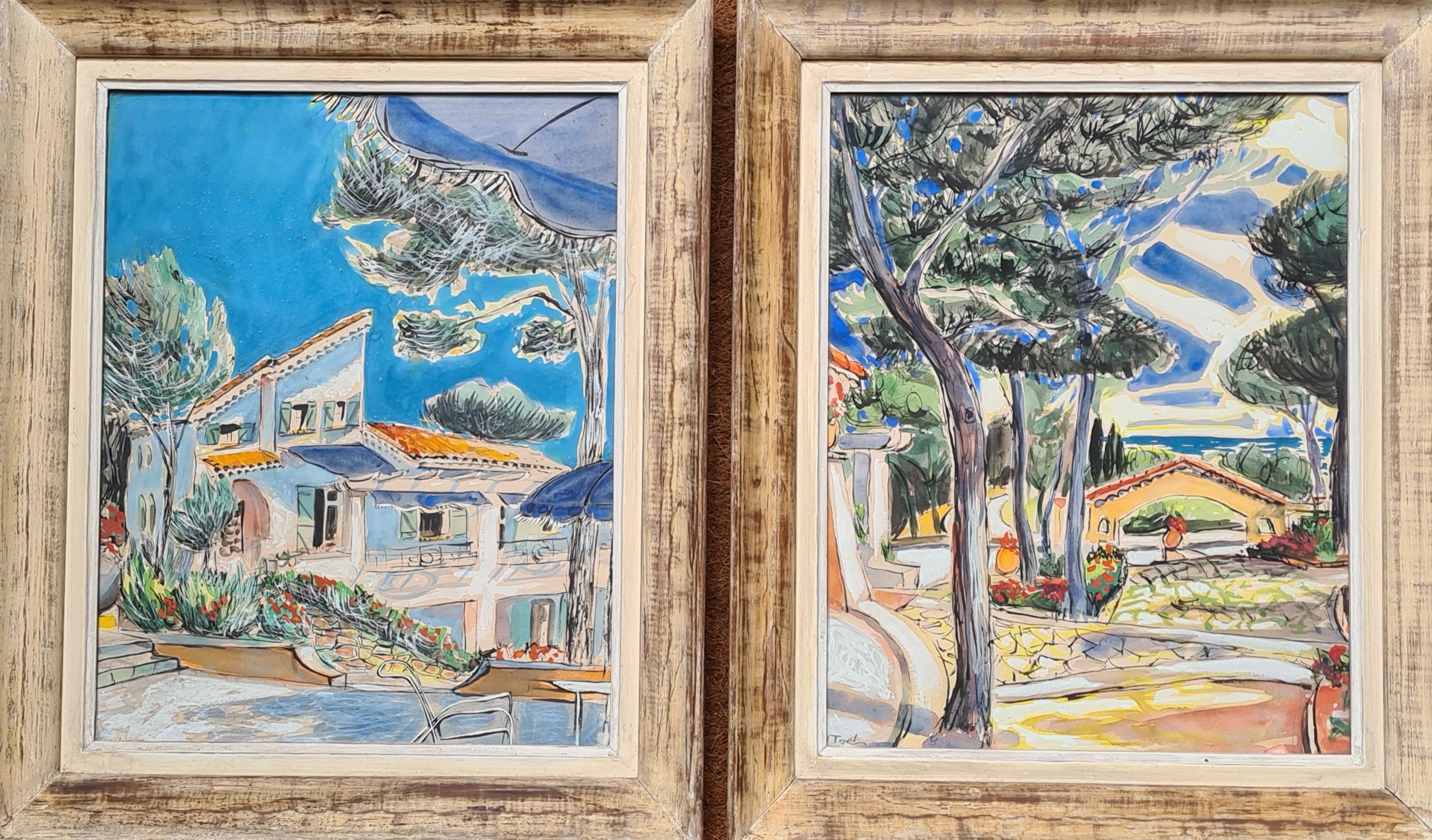 The Villa and Its Garden, Pair of French Mid Century Views of the Cote d'Azur 12