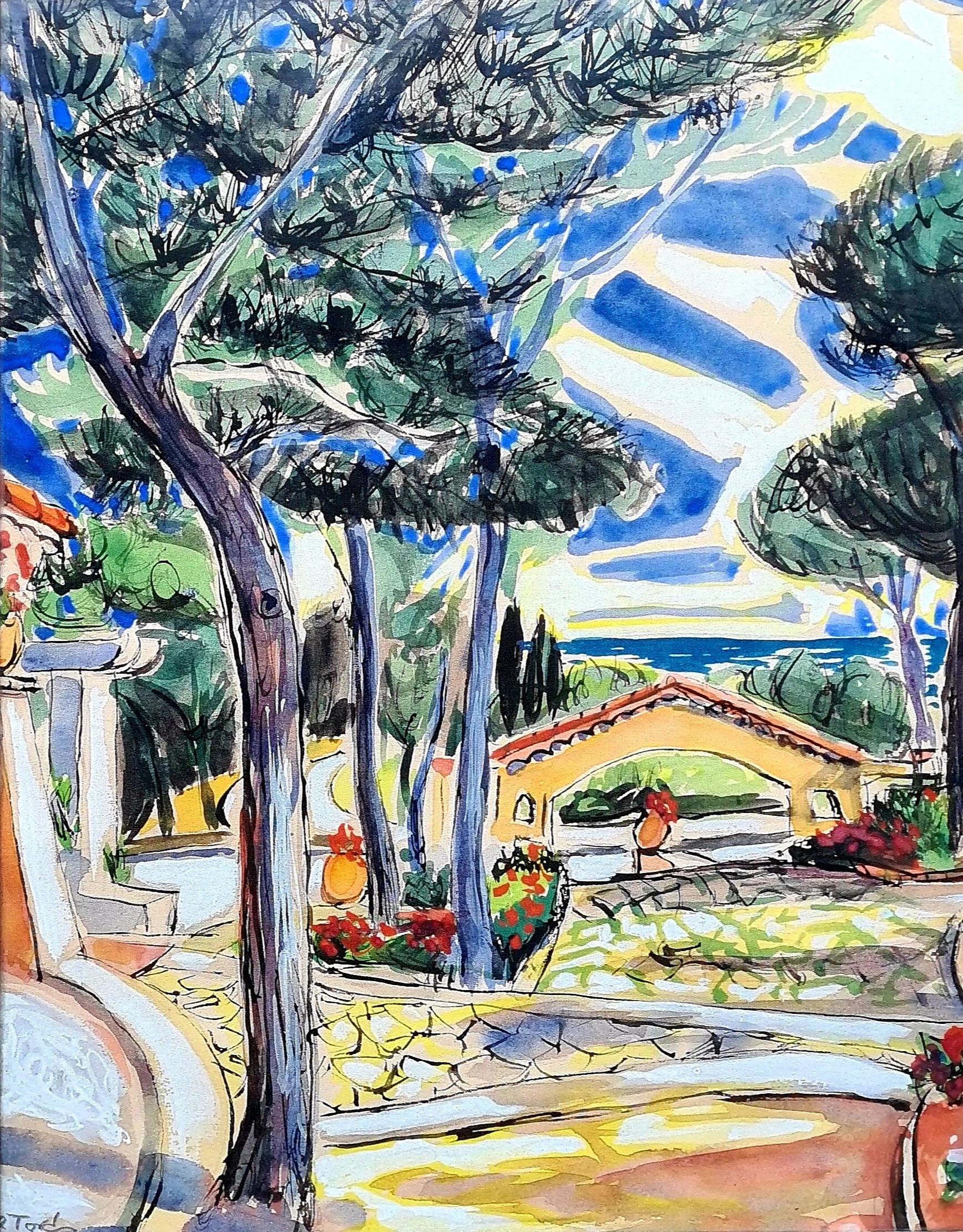 View to the Sea, French Mid Century Watercolour, Ink and Gouache Landscape. - Painting by  R Tord