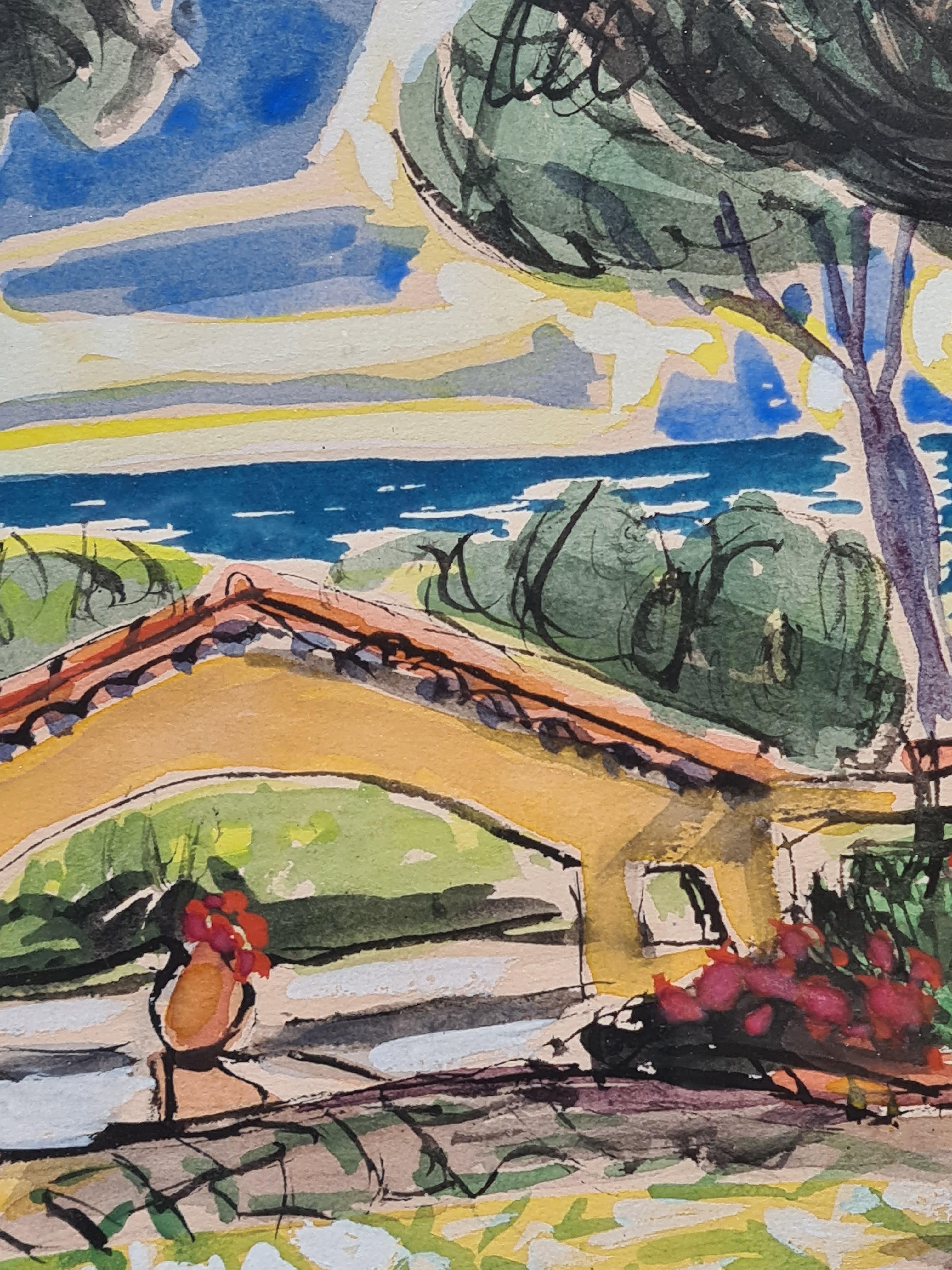 View to the Sea, French Mid Century Watercolour, Ink and Gouache Landscape. 3