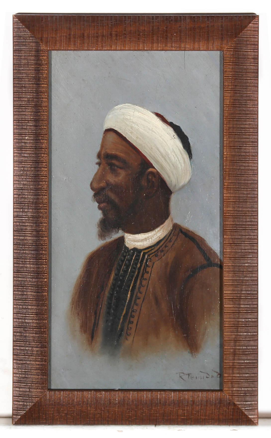 A charming portrait of a North African man in traditional dress. The artist captures him against a blue background which accentuates the man's fine features and intricate clothing. Signed to the lower right. Presented in a wooden frame. On board.
