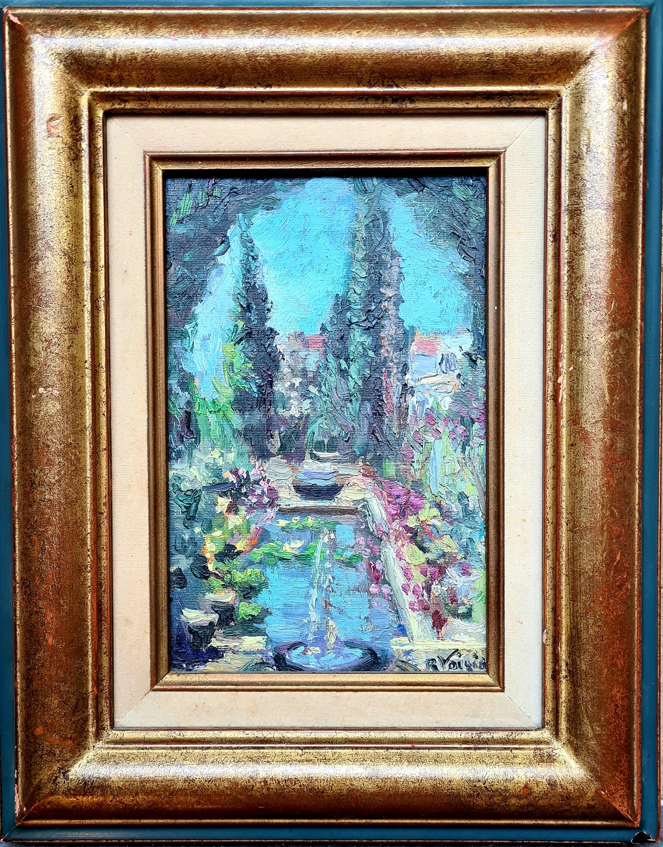 R Voisig Landscape Painting – Signiert Mittelmeer Garten Impressionist Ölgemälde, 38x30 cm