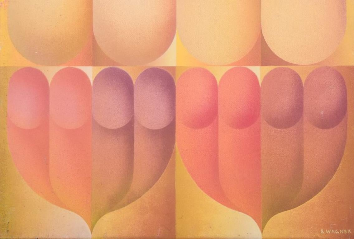 R. Wagner, europäischer Künstler.  Öl auf Karton. Abstrakte Zusammensetzung. Datiert 1970. (Unbekannt) im Angebot