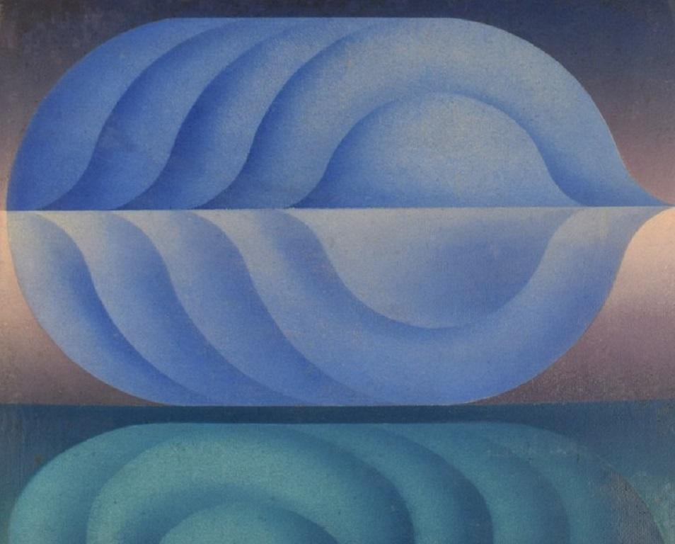 Moderne R. Wagner, artiste européen, huile sur panneau, composition géométrique, datée de 1970 en vente