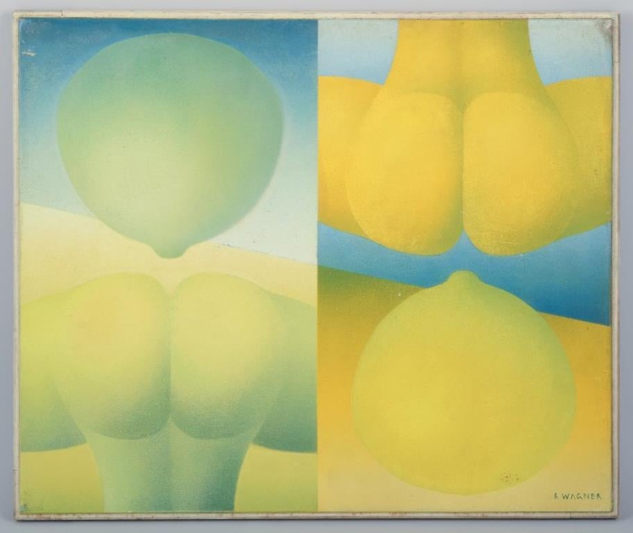 R. Wagner, europäischer Künstler. 
Öl auf Karton. Semi-abstrakte Komposition.
Datiert 1970.
In ausgezeichnetem Zustand.
Unterzeichnet und datiert.
Abmessungen: 55 cm x 46 cm.