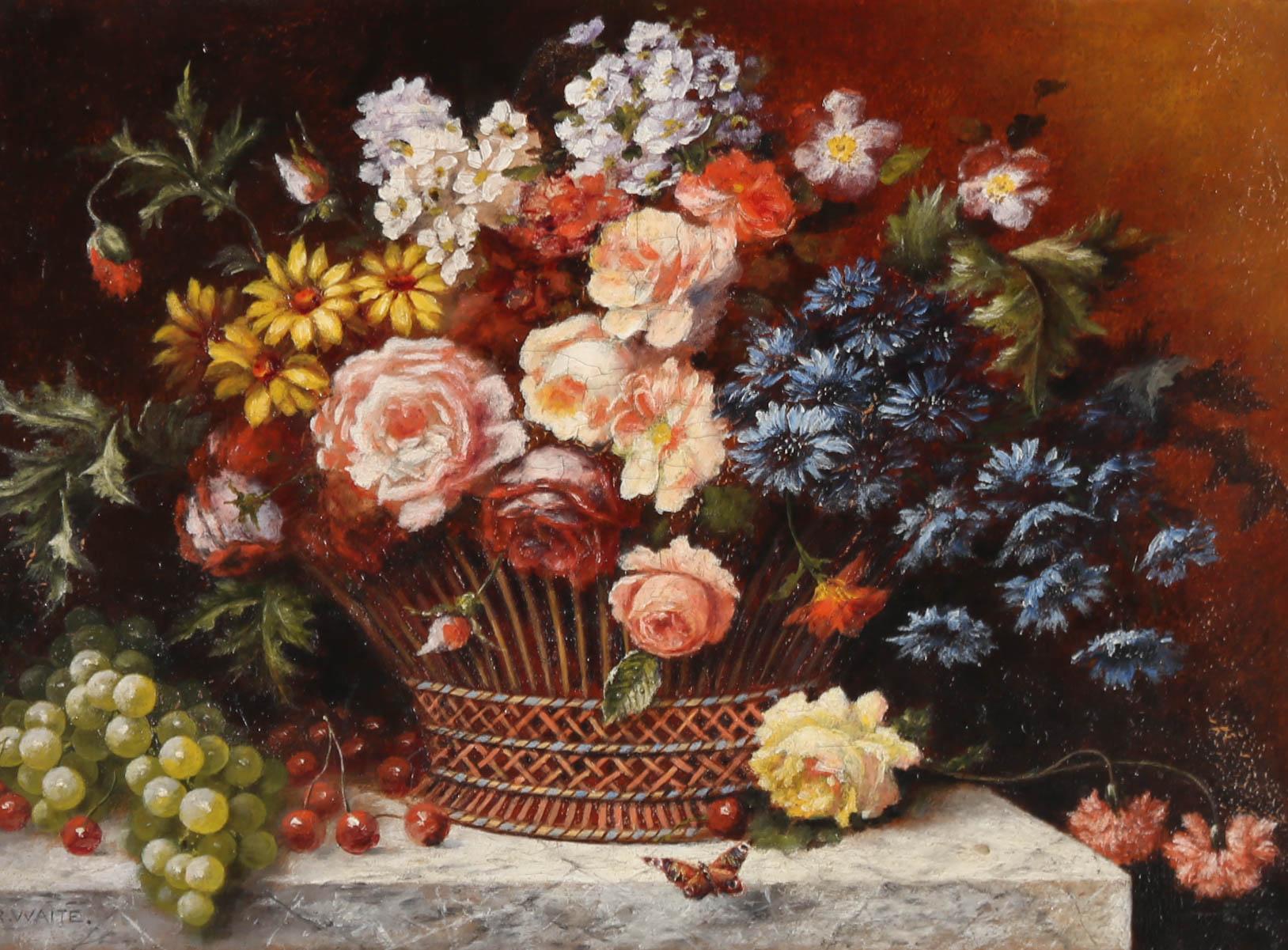 R. Waite  Gerahmtes lgemlde, niederlndischer Blumenkorb, Mitte des 20. Jahrhunderts 1