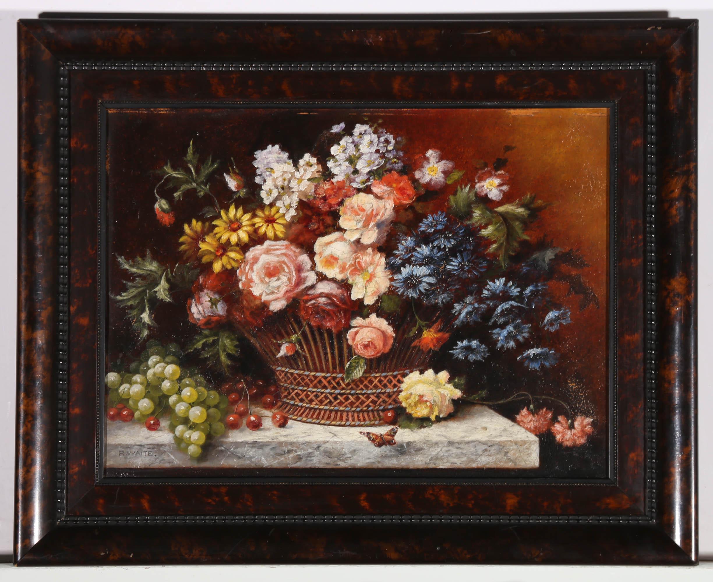 R. Waite  Gerahmtes lgemlde, niederlndischer Blumenkorb, Mitte des 20. Jahrhunderts 2