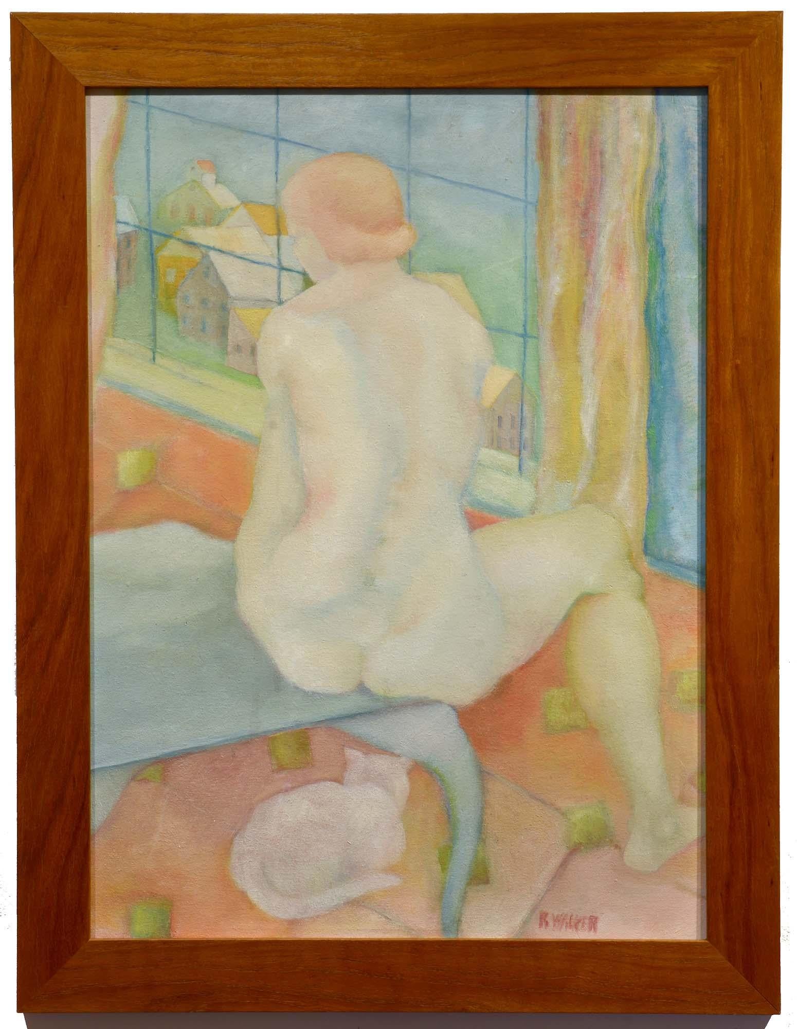 Nude with Cat, Oil on Board, Figural, Interior - Painting by R. Walker