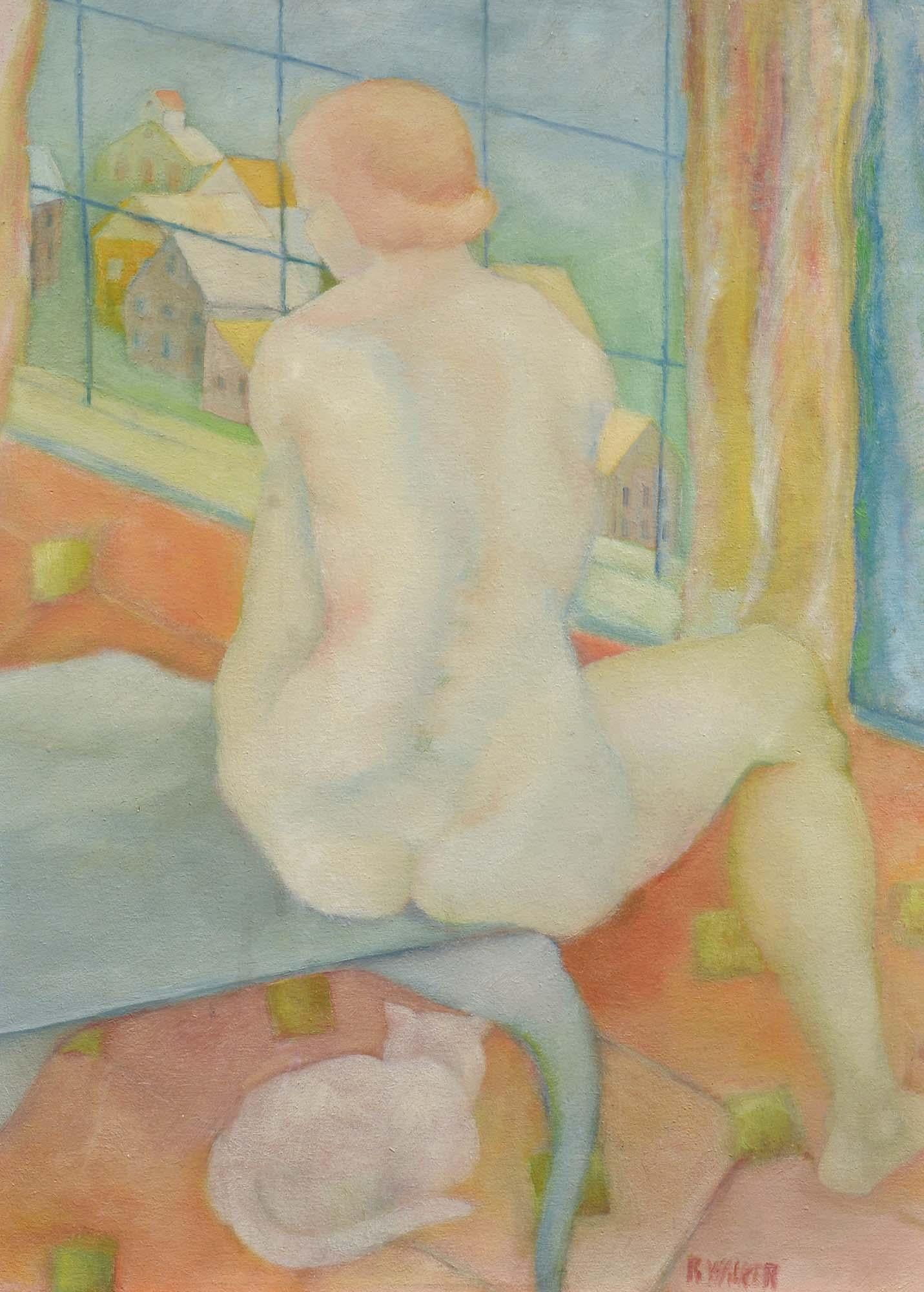 R. Walker Nude Painting - Nude with Cat, Oil on Board, Figural, Interior