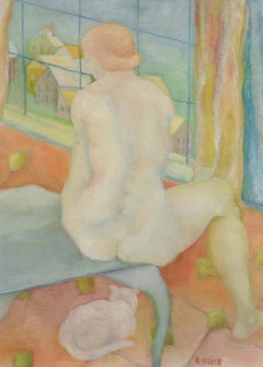 Nu avec chat, moderne, huile sur carton, figurine, intérieur, milieu du 20e siècle