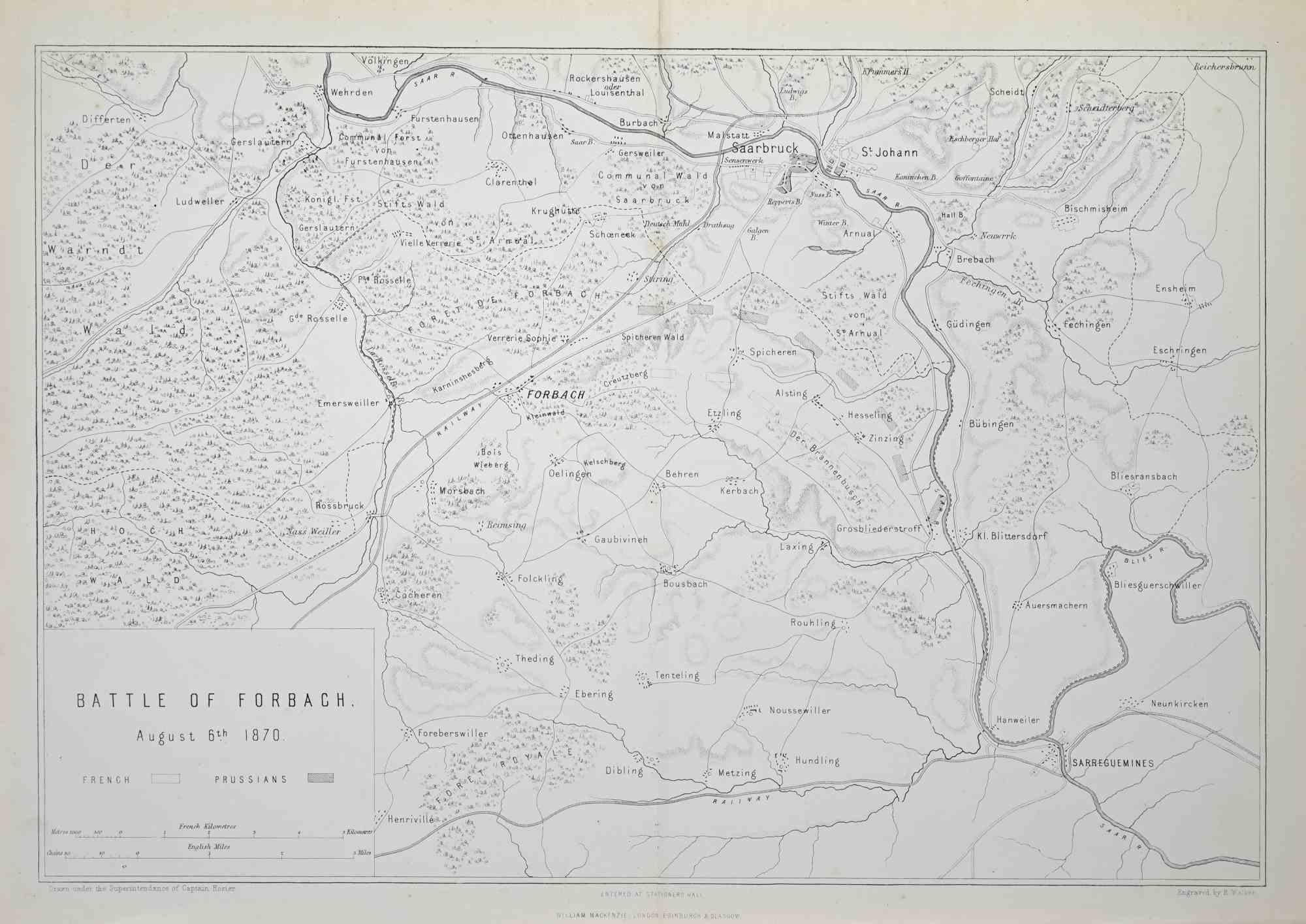 Battle of Forbach is a map realized by R. Walker.

Lithograph, printed in 1872 by Milliam Mackenzie, London.
Good condition.

